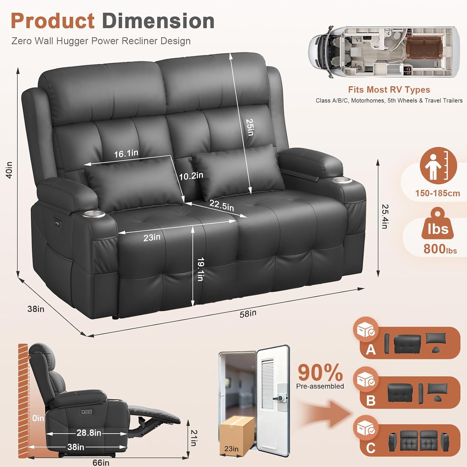 Power Loveseat Recliner Sofa with Graphene Heating & Massage, Zero Wall Hugger Home Theater Seating, RV Reclining Couch with LED Lights, USB & Type-C, Cup Holders, Hidden Storage Armrest & Pillows