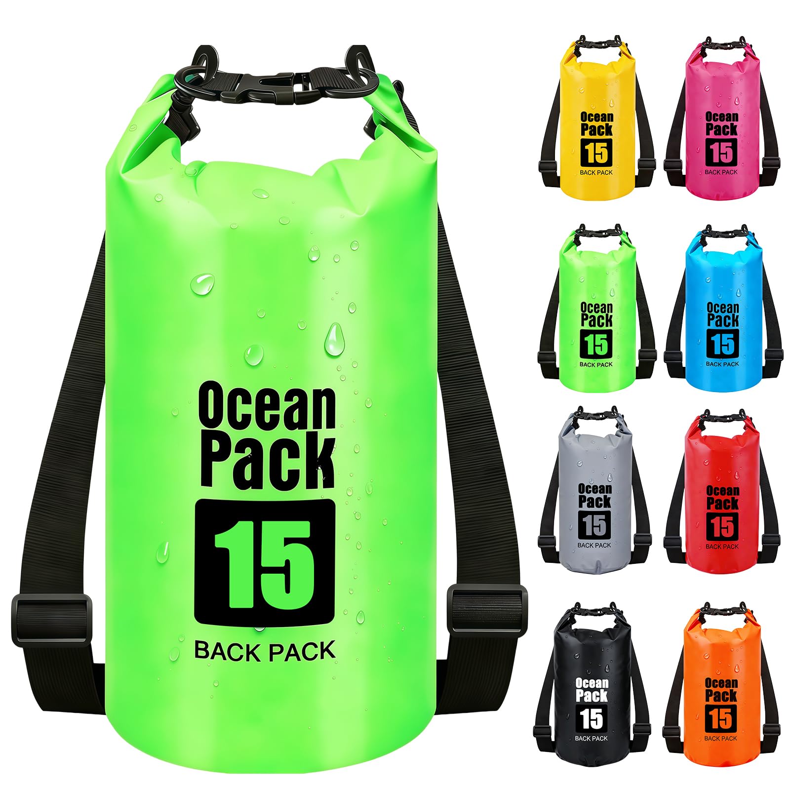 RONGZUBAT 15L Large Waterproof Dry Bag with Shoulder Strap, Roll Top Dry Sack for Outdoor Gear, Waterproof Bag for Kayaking, Boating, Paddle Boarding, Camping, Beach, Fishing and Travel - Green