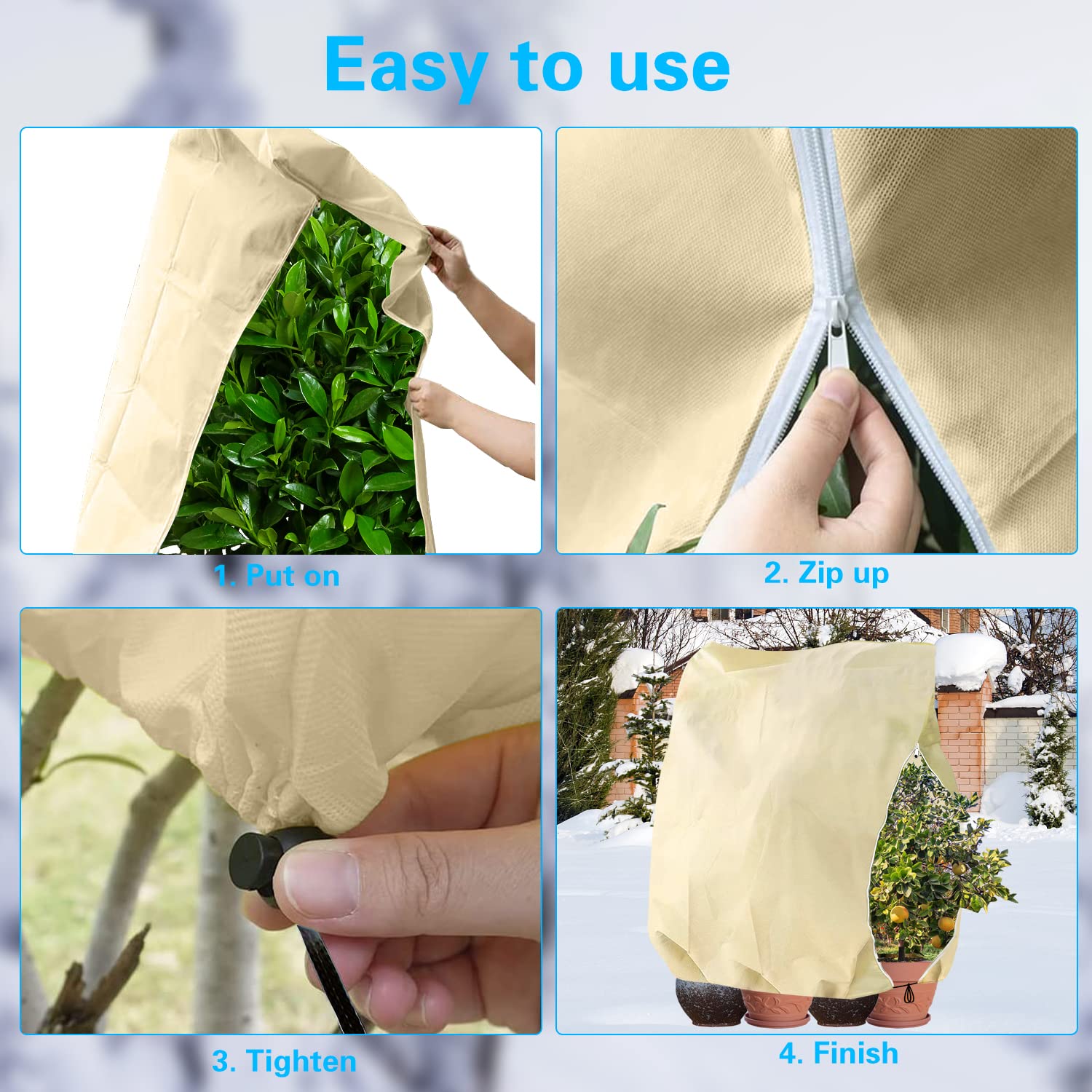 TTL Garden - Protezione invernale per piante, 80 g/m², protezione per piante in vaso, protezione per l'inverno, con chiusura lampo, protezione traspirante (1,1 m x 1,1 m, bianco
