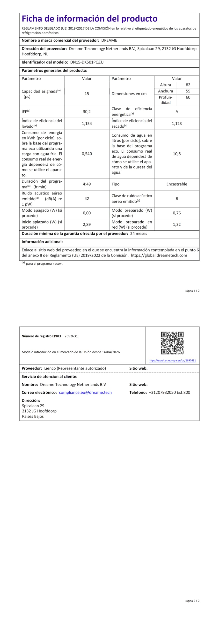 DREAME DK501 Pro Lavavajillas Totalmente Integrable 60cm, 15 Cubiertos | Aplicación Inteligente, Brazo de Rociado FlexWing, Sistema de Lavado HydraFlow de 360°, Lavado a Alta Temperatura de 75°C