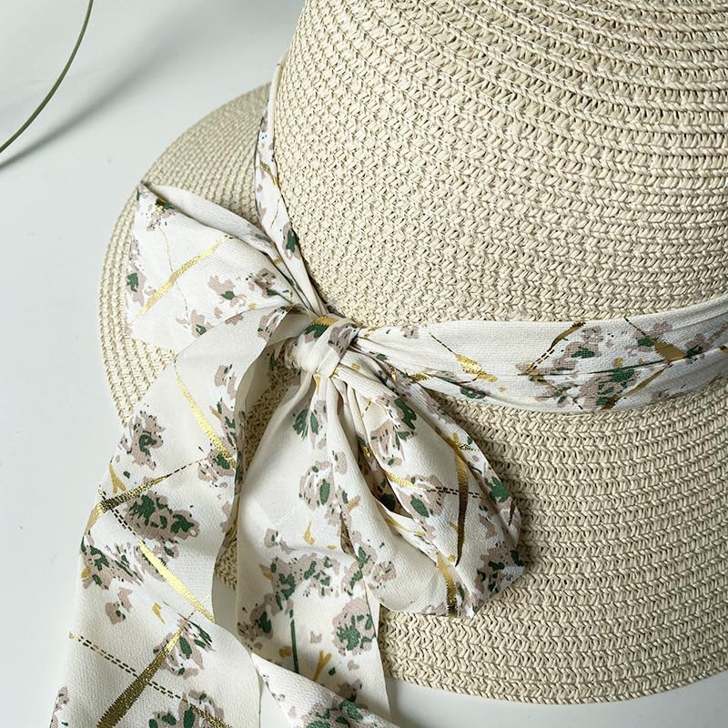 Sombrero de Paja Trenzado de Verano para Mujer,Transpirable,con Protección UV y Lazo Floral,Sombrero de Playa Ligera para Vacaciones,Viajes y Actividades Al Aire Libre
