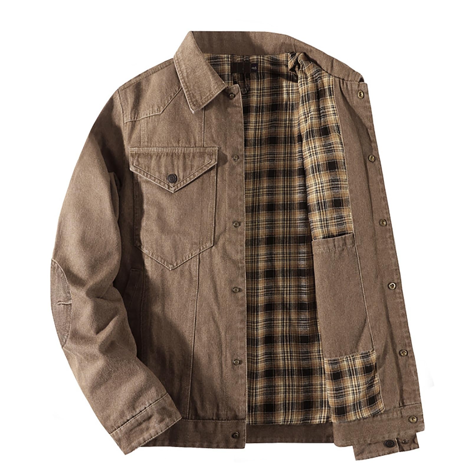 Męska Kurtka Dżinsowa w Kratę z Podszewką Snap Cowboy-Cut Western Classic Slim Fit Vintage Jacket Trucker Coat Brązowa Kurtka Dżinsowa Męska Kurtka z Odkrytymi Klapami z Przodu