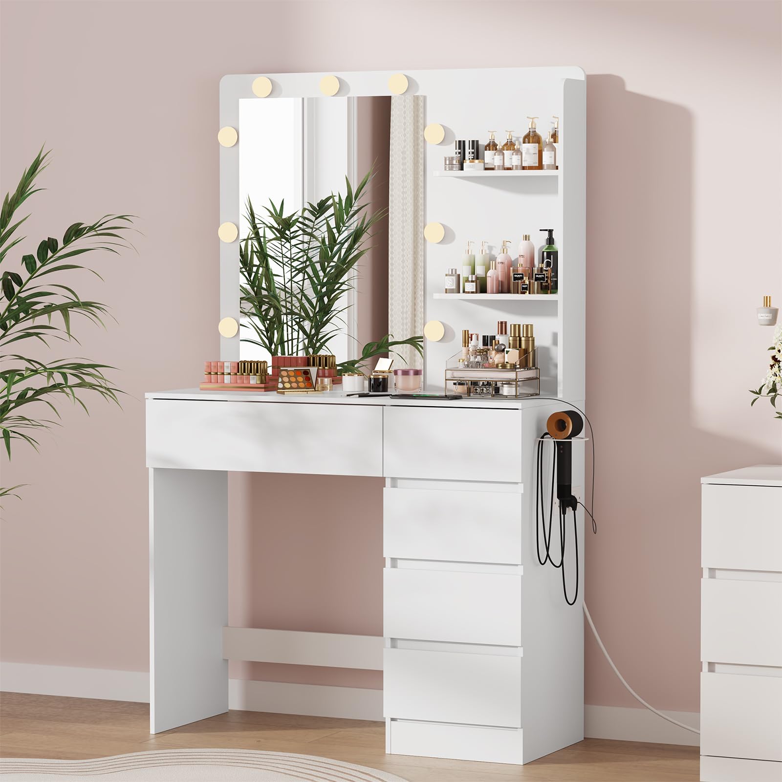 Asgolion Schminktisch mit Spiegel, LED-Beleuchtung und Steckdose, 5 Schubladen und 2 offenen Ablagen, 3 Farbmodi und Einstellbarer Helligkeit, weiß, EU25VT803W