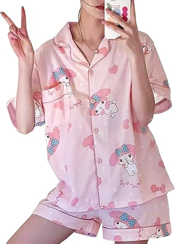 Kawaii Pajamas For Women Two-Piece Set Cute Cartoon Girls Pajamas Pants Cardigan Sleepwear Home Clothes