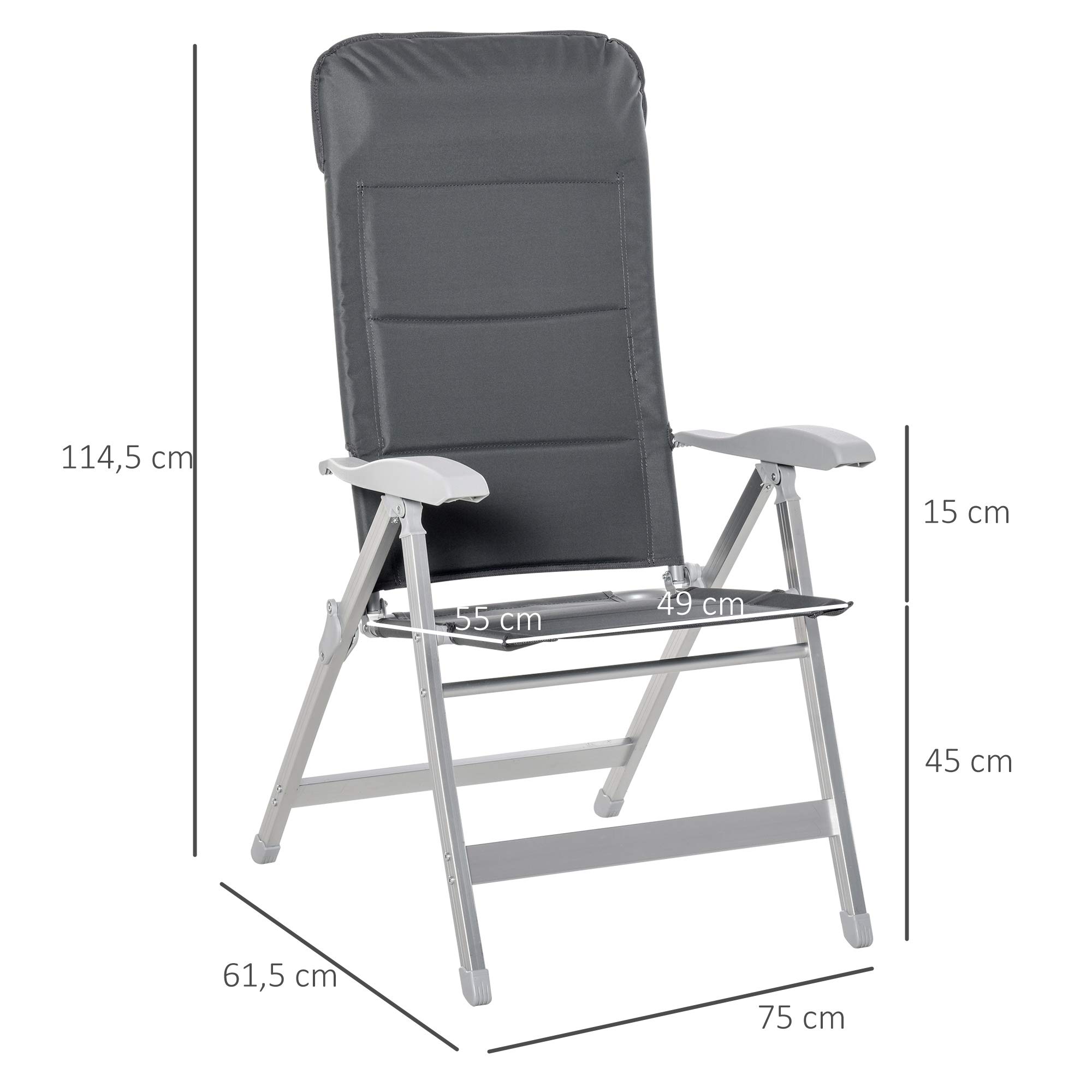 Outsunny Sedia da Pesca Pieghevole con Schienale Alto Regolabile e Braccioli, Sedia da Esterno in Tessuto Oxford e Alluminio Idrorepellente, 75x61.5x76-115 cm, Grigio