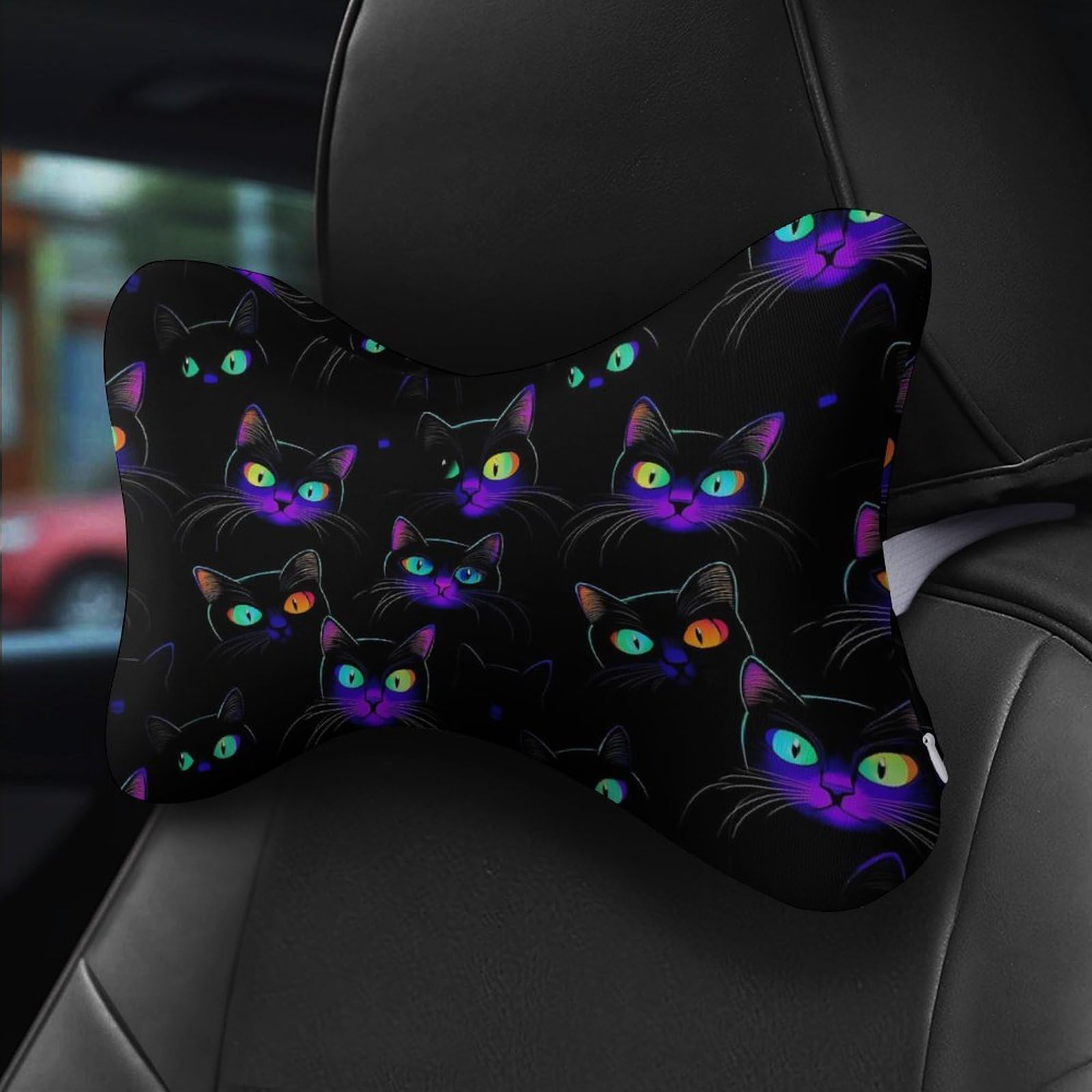 SMAZDFXX Neon Black Cat Halloween Car Neck Pillow Set of 2 Car Seat Head Support Cushion Bone Pillows with Elastic Strap