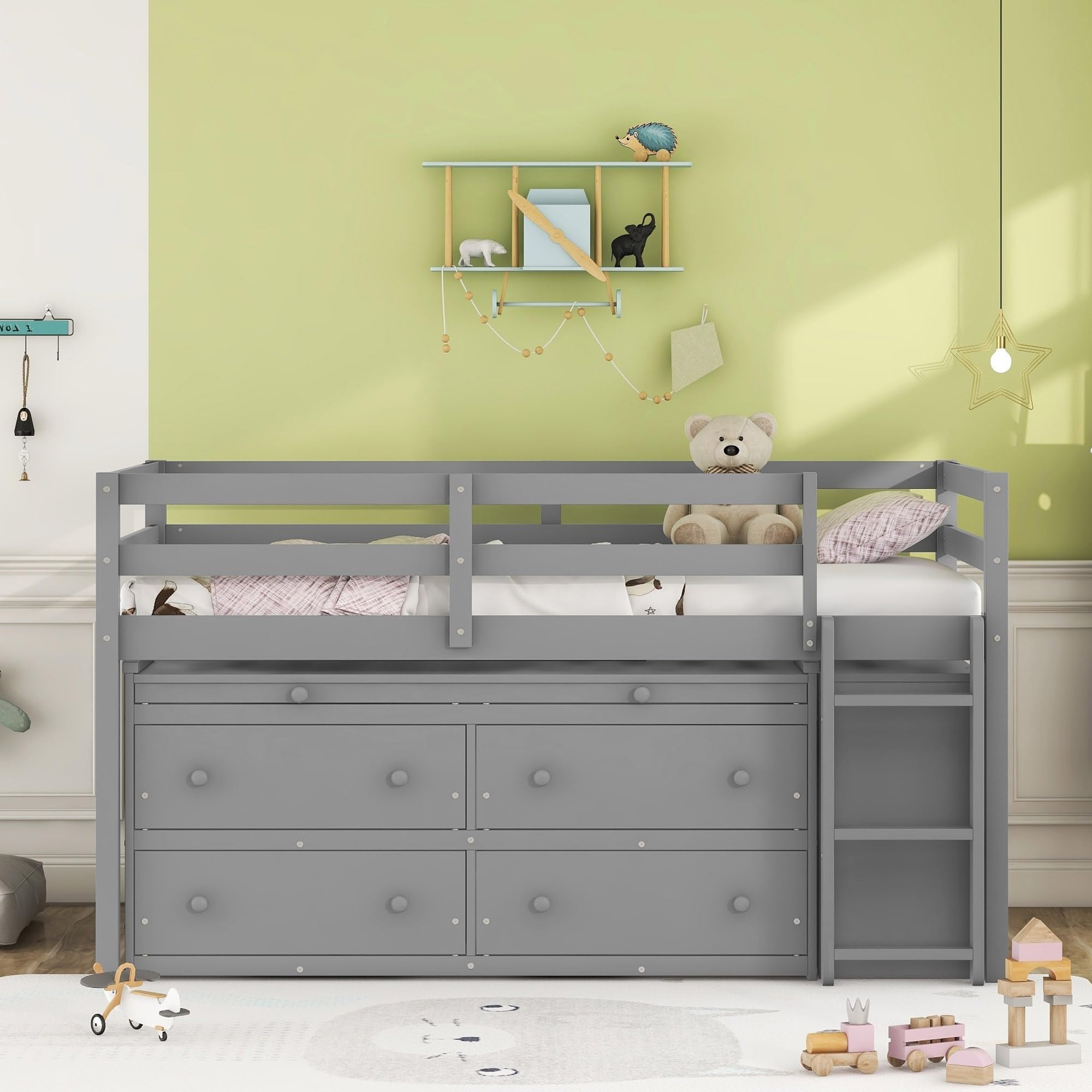Twin Size Kids Loft Bed (Gray) - Foldable Desk, 4 Drawers &amp; Lateral Shelves, Solid Pine+MDF, Safety Guardrails, Mattress Not Included (No Box Spring Needed)