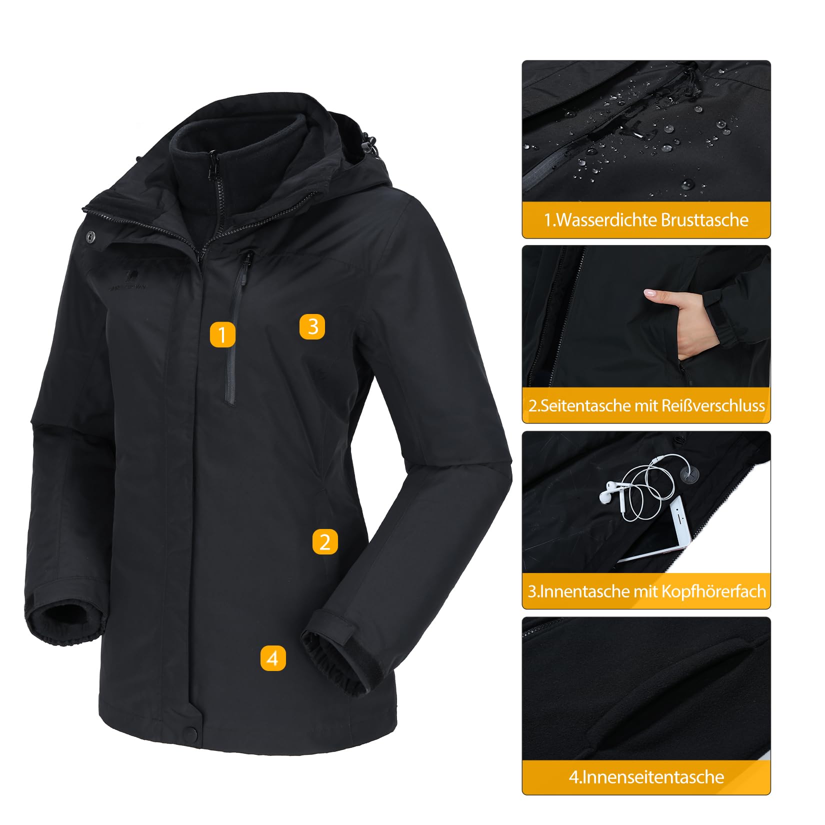 OutPro Damen 3-in-1-Skijacke wasserdicht winddicht Winterjacke Outdoor Wandern mit Fleece gefüttert doppellagige abnehmbare Kapuzen-Funktionsjacke