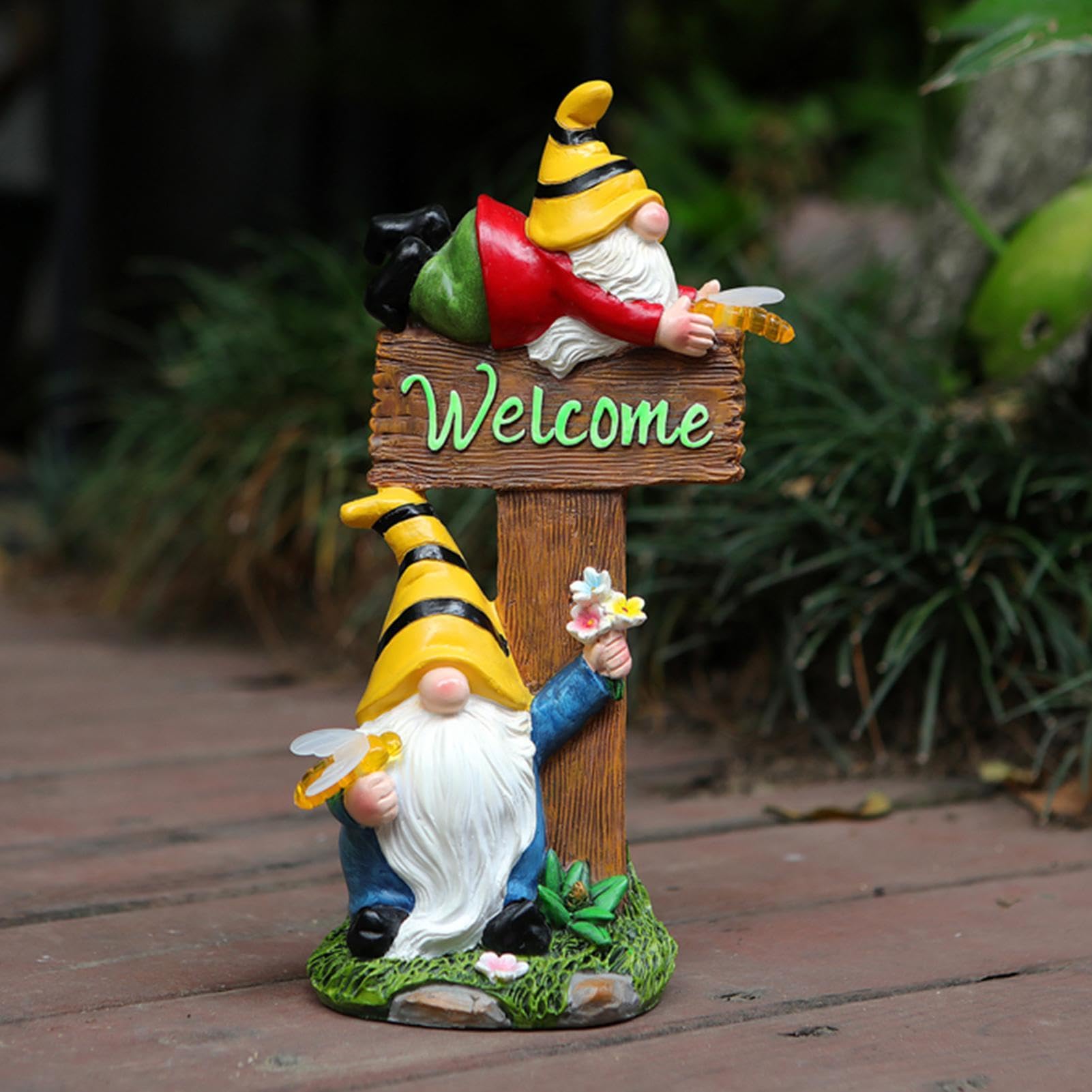 Decorazioni a forma di gnomi – 20 cm dipinto, finitura in pietra, contorno a cappello appuntito, struttura rustica invecchiata, statue illuminate notturne, base piatta autoportante per prato