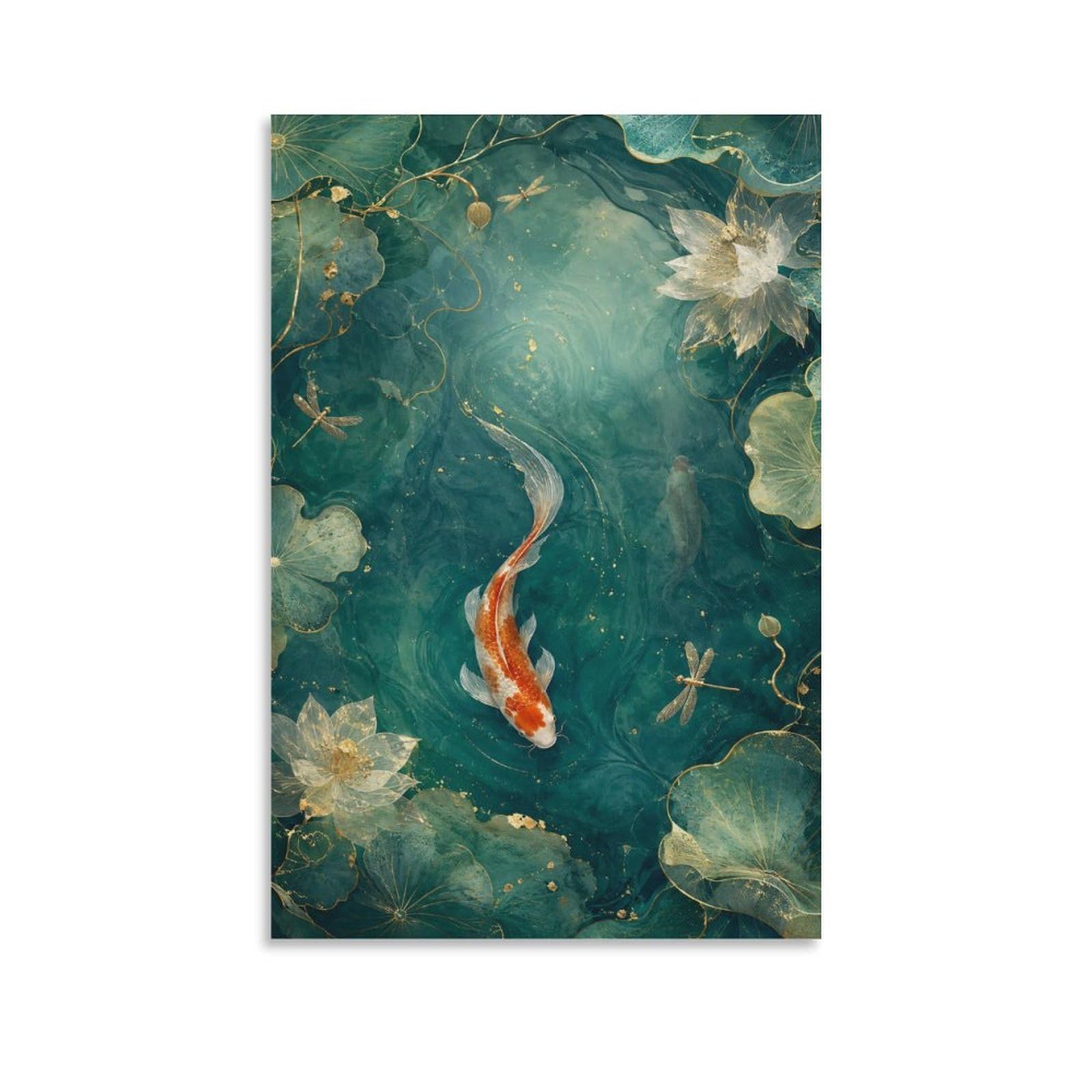 W7C8U2X3 Koi Fish Pond Canvas Wall Art, Minimalist Asian Wall Art