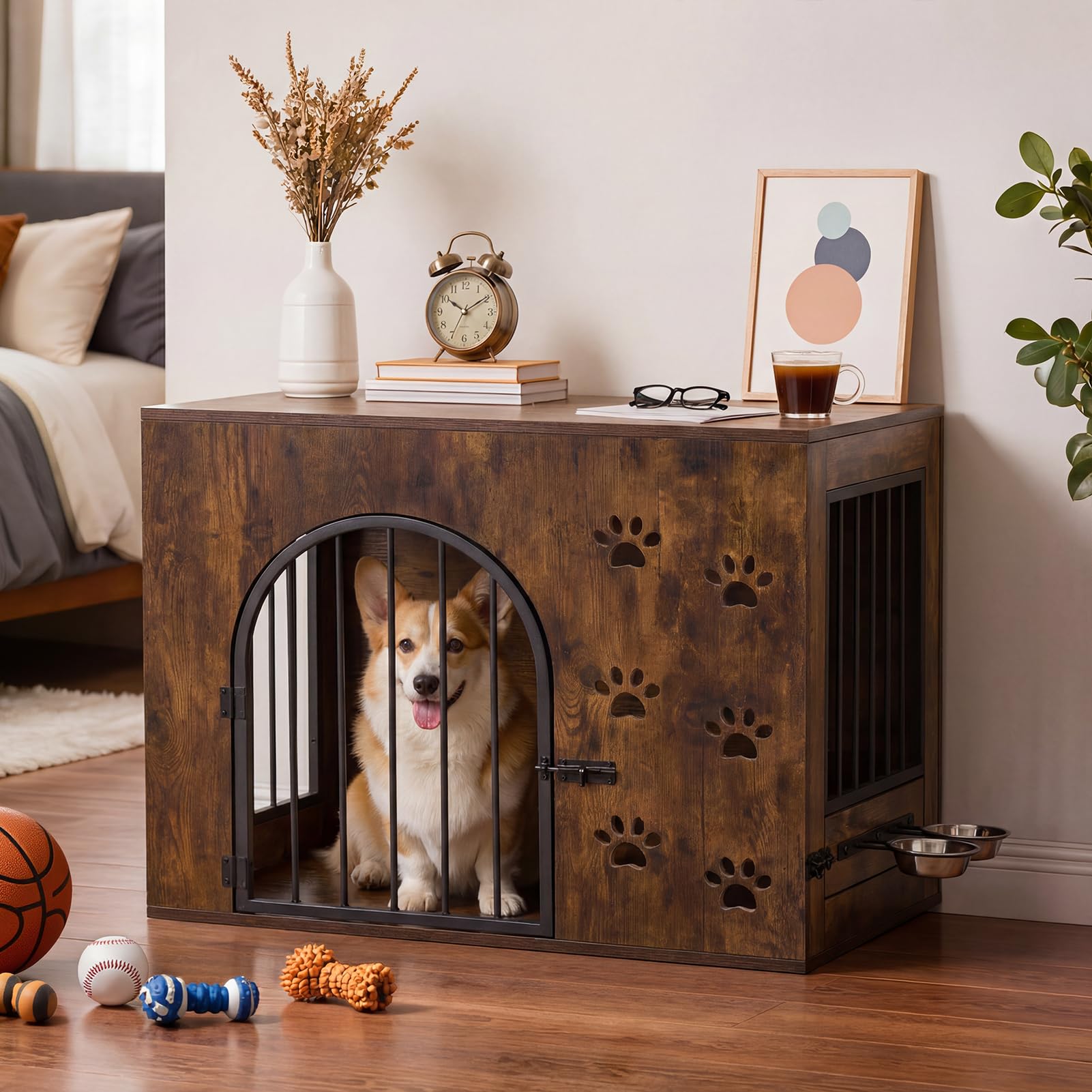 The Fellie Dog Crate Furniture, Wooden Dog Crate with 360°Rotatable Bowl, Indoor Pet Kennel End Side Table, Arched Door Design Pet House for Small/Medium Dogs, 80x55x63cm, Brown