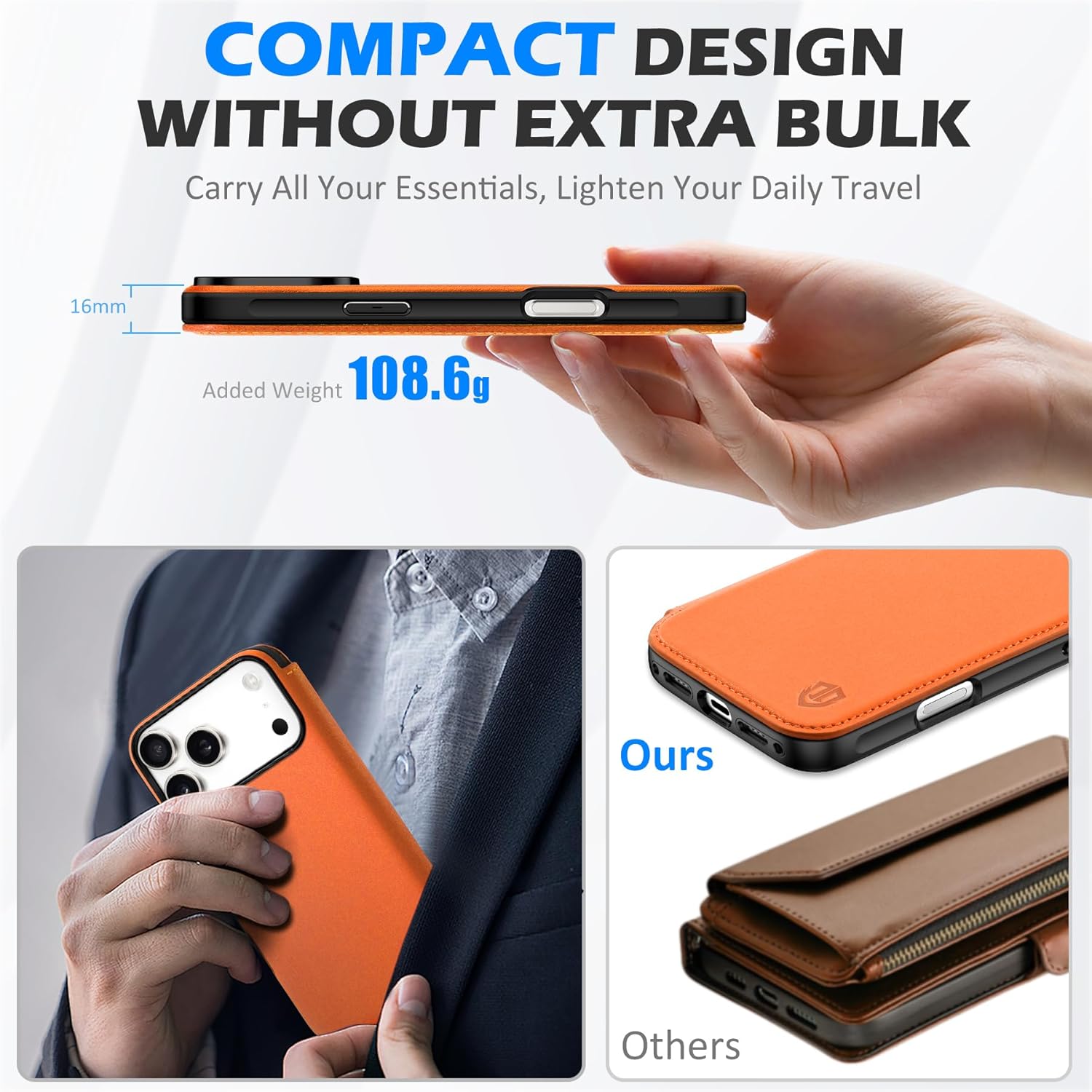 SHIELDON Slim Case Wallet for iPhone 17 Pro Max 6.9-inch 2025 | Genuine Leather, Wireless Charging, Folio Magnetic Closure, RFID Blocking Credit Card Holder, Shockproof Phone Cover - Orange - Image 4