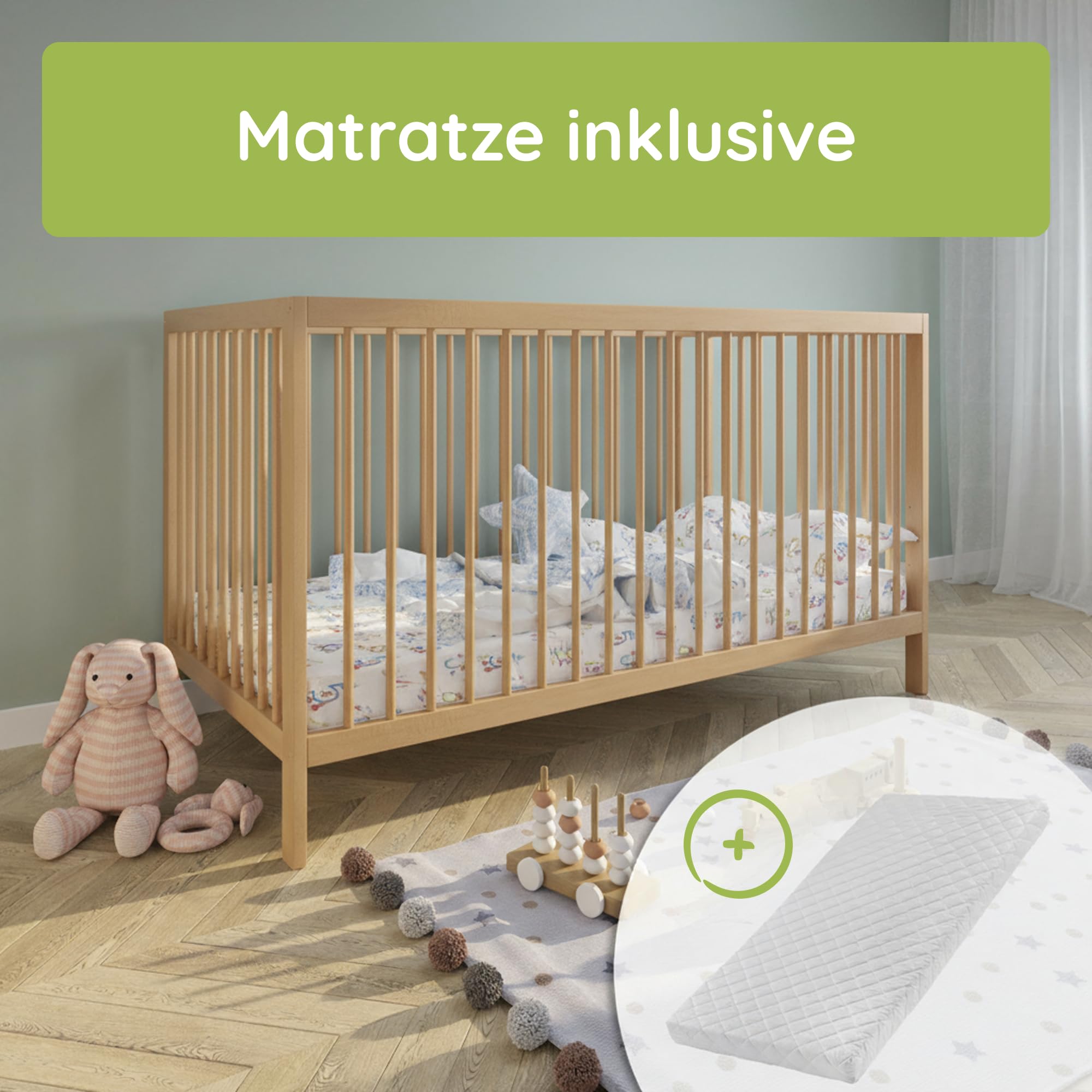 Kids Collective Babybett Kinderbett Gitterbett 60x120 & 70x140 cm mit Matratze höhenverstellbarer Lattenrost & herausnehmbare Sprossen stabiles Buchenholz | ab Geburt bis 3. Lebensjahr | Natur