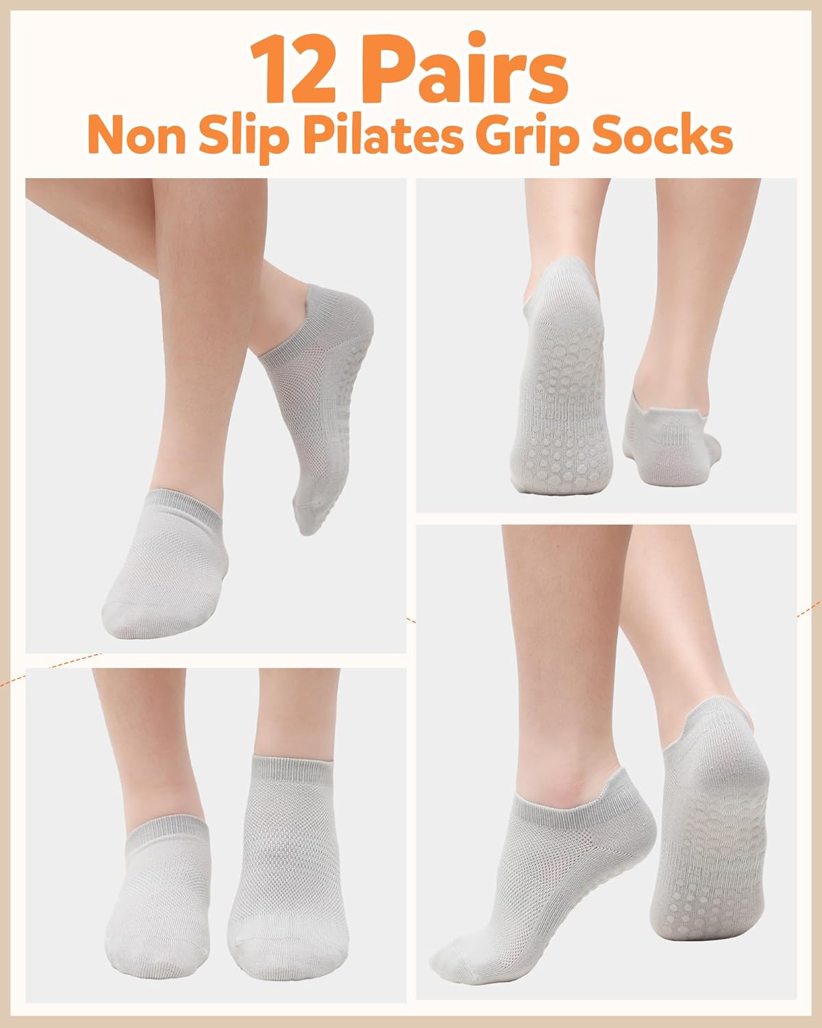 12 Pairs Grip Pilates Socks Non Slip Athletic Yoga Socks Women for Barre Ballet Workout Hospital - Image 2