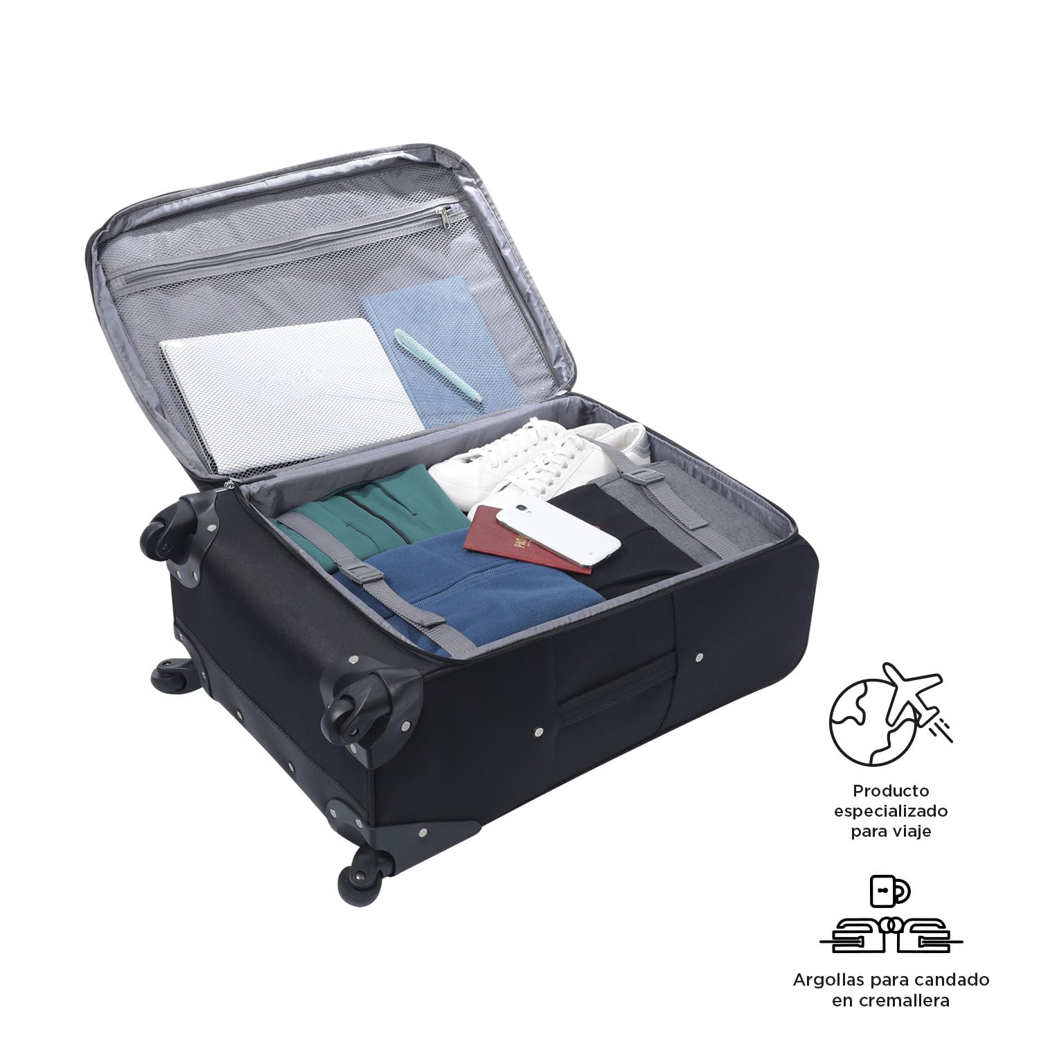 TOTTO - Maleta de Viaje Tela, Modelo Andromeda 2.0, Maleta Mediana, 49 x 77 x 33cm, Capacidad 108.29L, Ruedas 360º, Manija Telescópica, Correa de Compresión Interna, Argollas para Candado, Color Negro