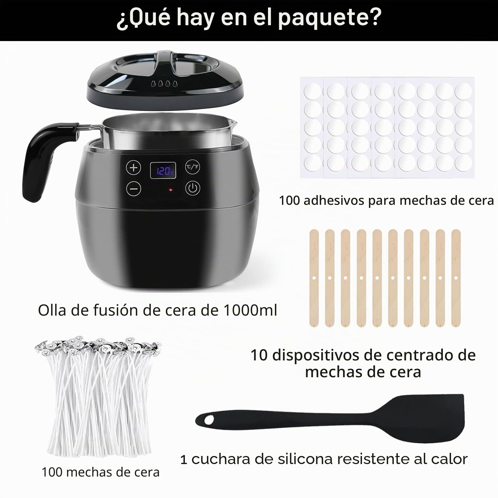 Derretidor de cera eléctrico de 1 litro con indicador de temperatura LED, olla de cera con boquilla para hacer velas, incluye mechas, pegatinas, centrador y cuchara agitadora, juego de fabricación de