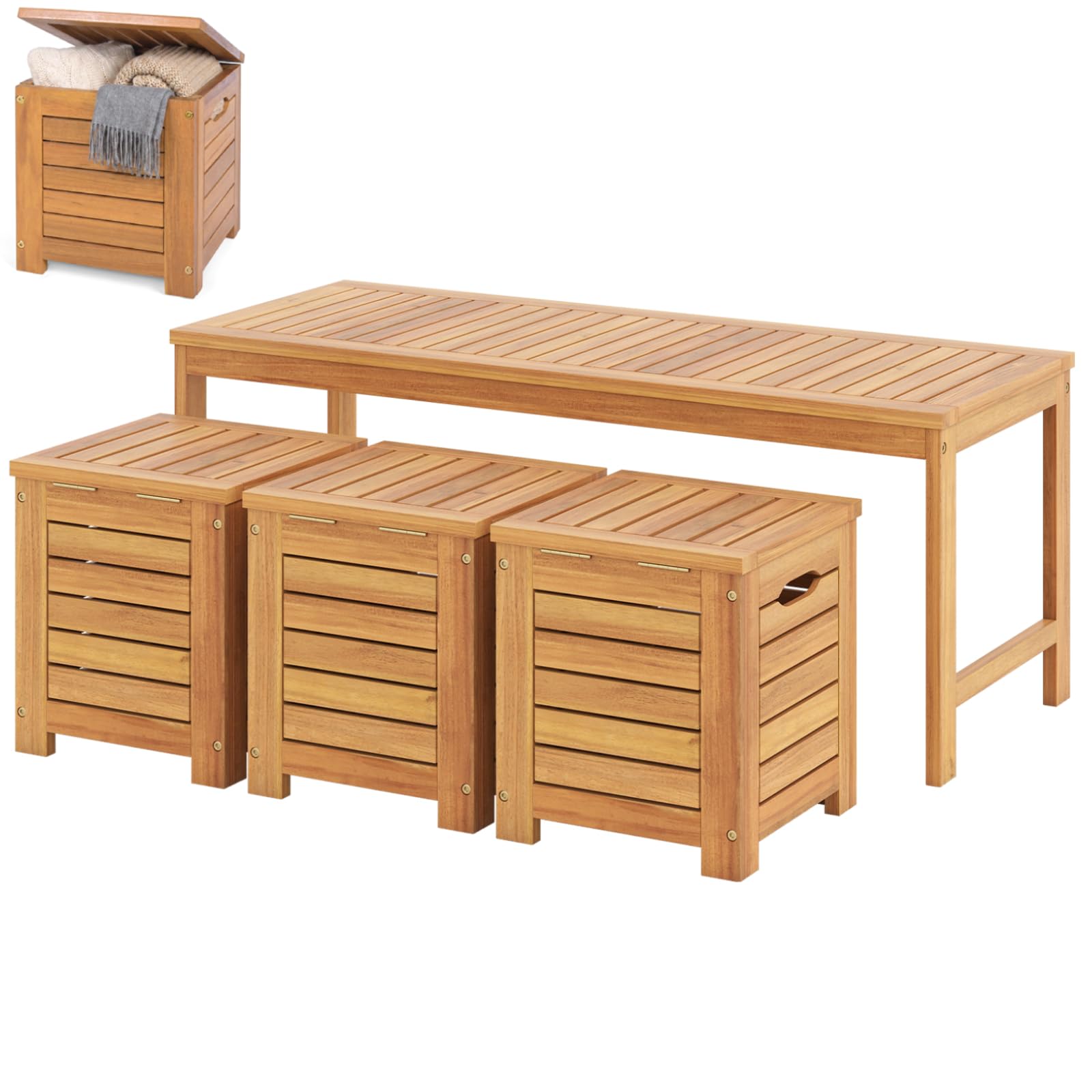 SFAREST Wooden Garden Bench, Patio Bench and 3 Storage Boxes with Built-in Side Handles and Lids, 4-Piece Outdoor Furniture Park Porch Seating for Backyard Porch Balcony