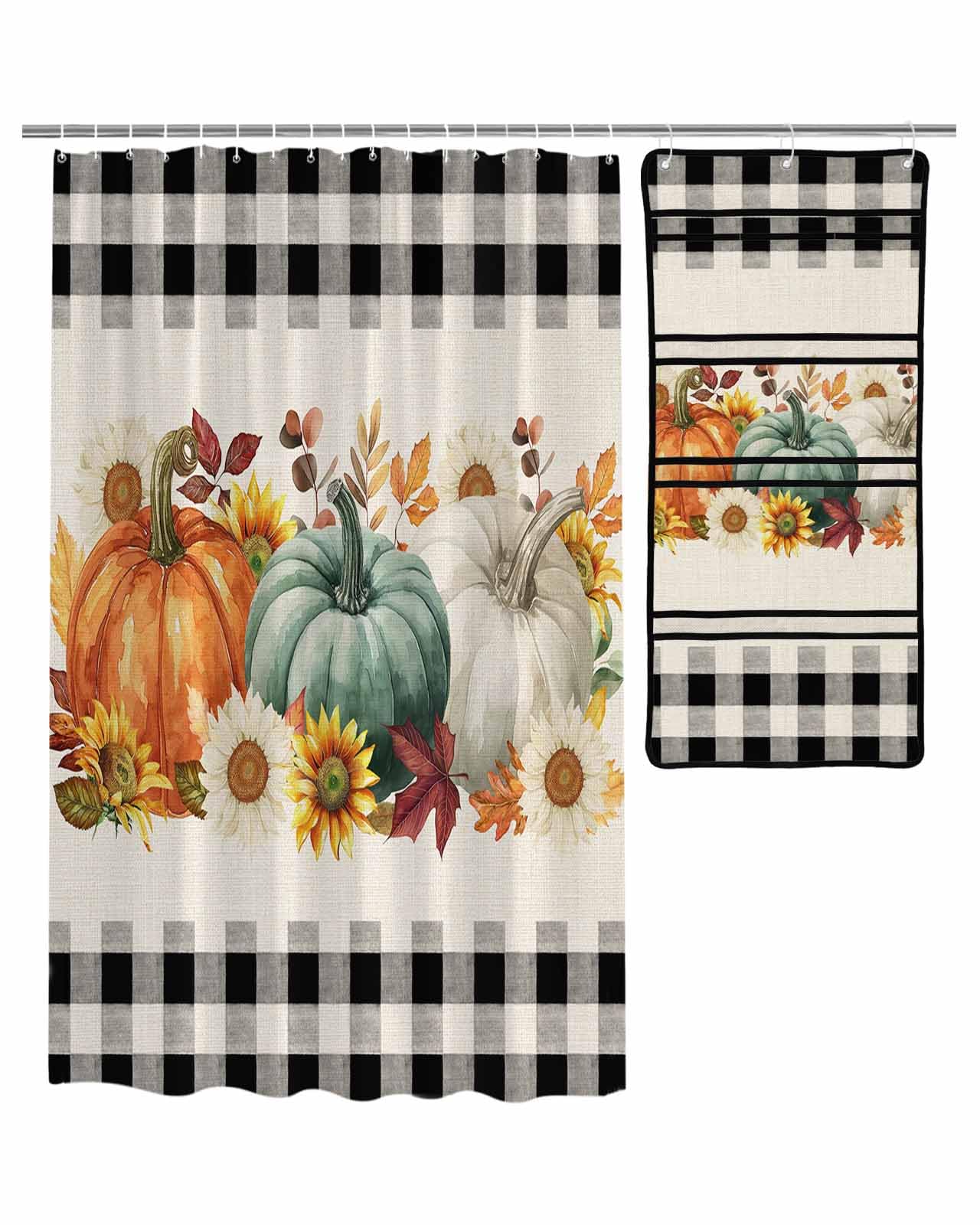 Decorative Shower Curtain Sets Fall Fabric Waterproof Shower Curtains Autumn Pumpkin Sunflowers Leaf Black White Check Beige Mesh