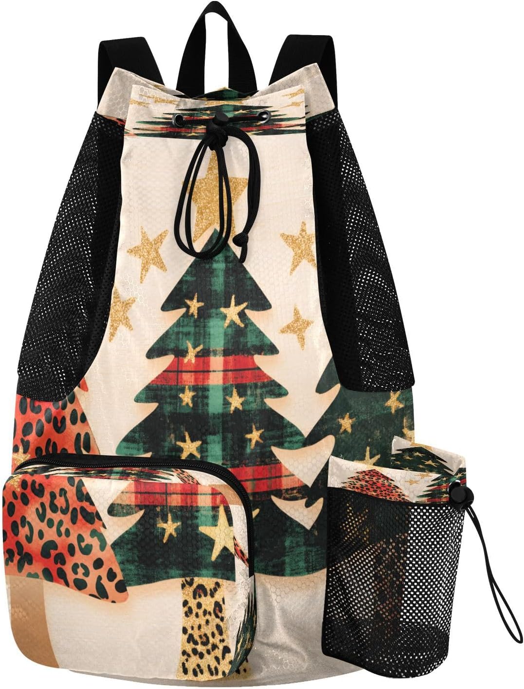 Mesh Gym Swimming Bags for Men & Women, Three Christmas Trees Leopard Print Large Drawstring Backpack with Dry-Wet Pocket, Lightweight Gym Bag for Sports, Travel, Beach, Workout Gear