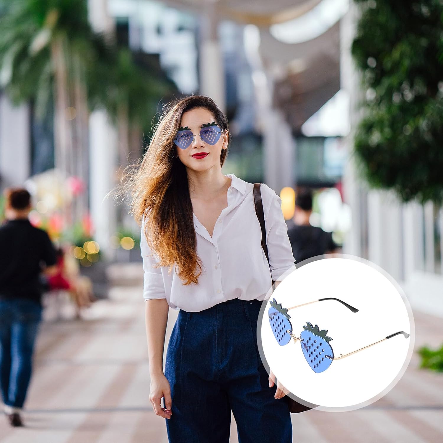 Ciieeo Rimless Strawberry Shape Sunglasses for Women, Stylish Event Glasses with Gold Frame and Dark Blue Lenses, Trendy Novelty Eyewear for Disco and Streetwear