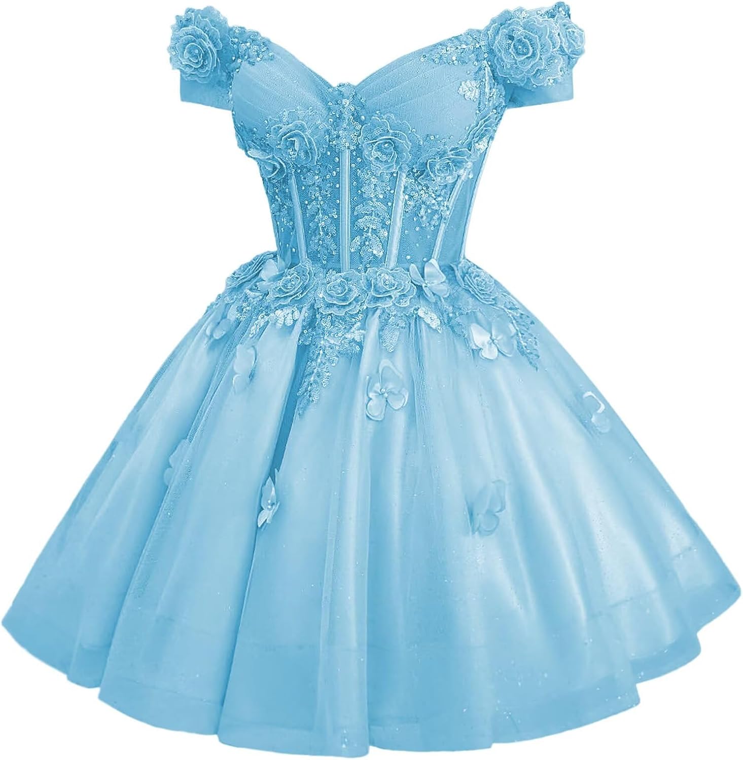 3D Butterfly Homecoming Dress for Teens Lace DAMA Dress for Quinceanera Off Shoulder Sparkly Tulle Short Prom Dress