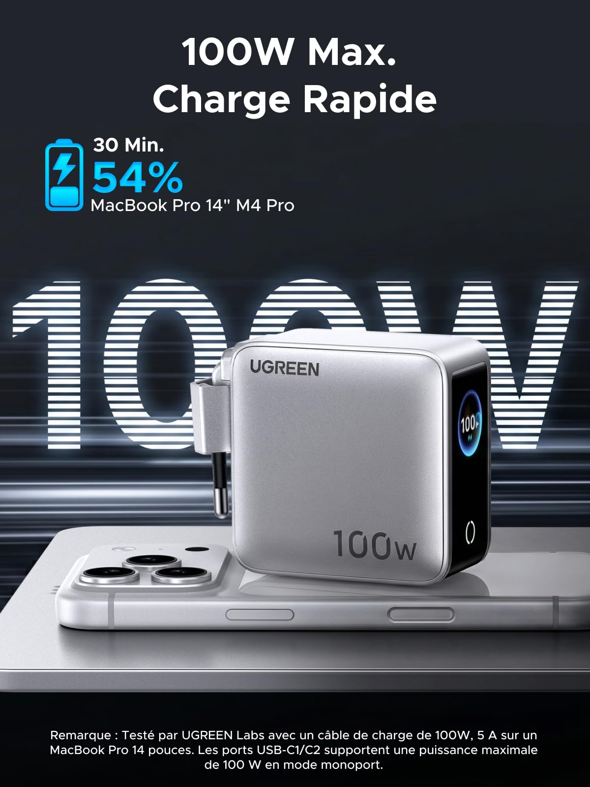 UGREEN Nexode Pro 100W Chargeur Rapide USB C 4 Ports avec Écran Intelligent