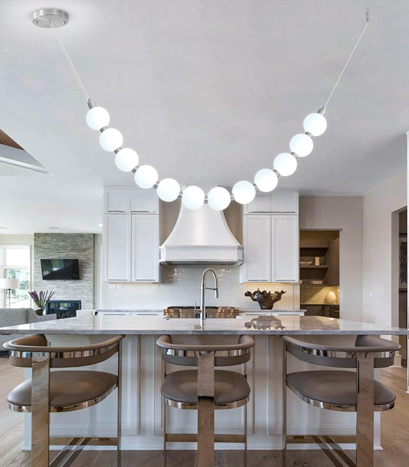 Modern Globe Chandelier Dimmable LED Pendant Light Pearl Necklace Ceiling Light with Acrylic Shade Adjutable Hanging Lighting Fixture for Dining Room Living Room 25W Silver