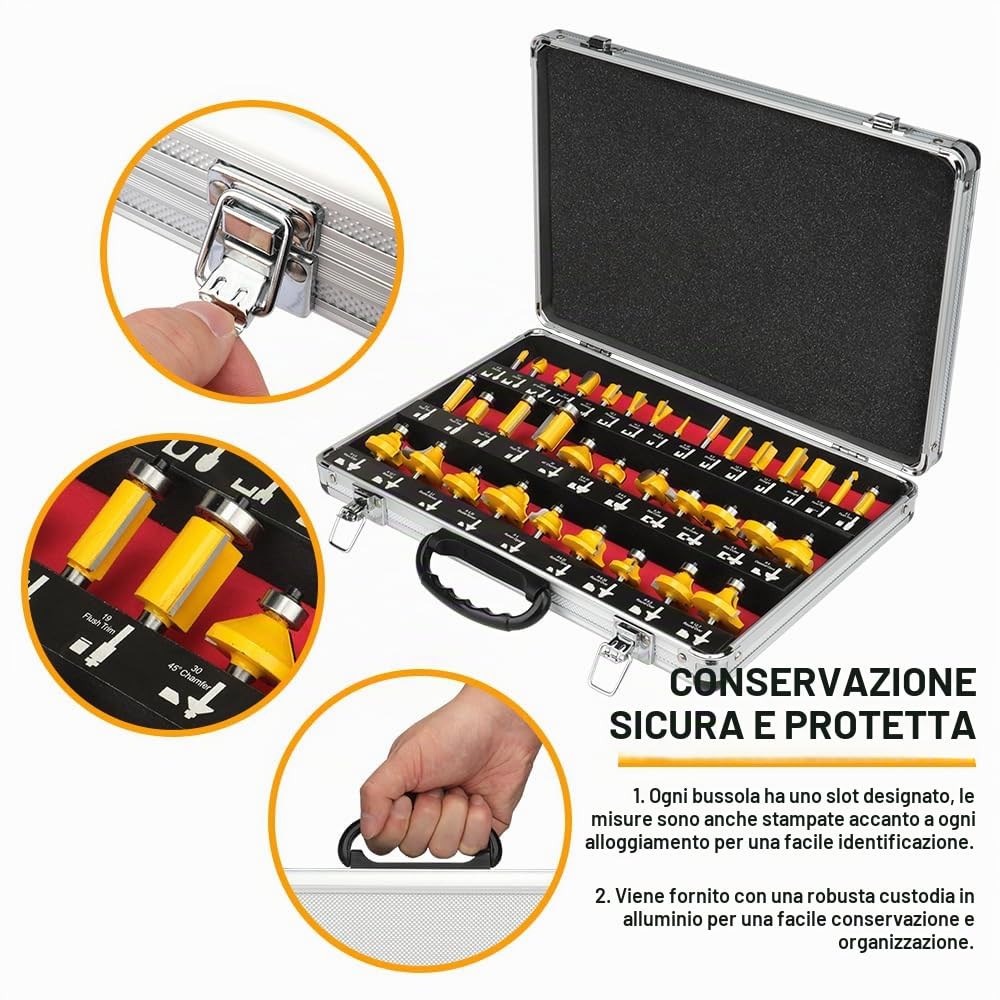 Hoteche Set di frese 35 pezzi, codolo 6 mm, utensili per lavorazione legno, per frese industriali, duro e morbido