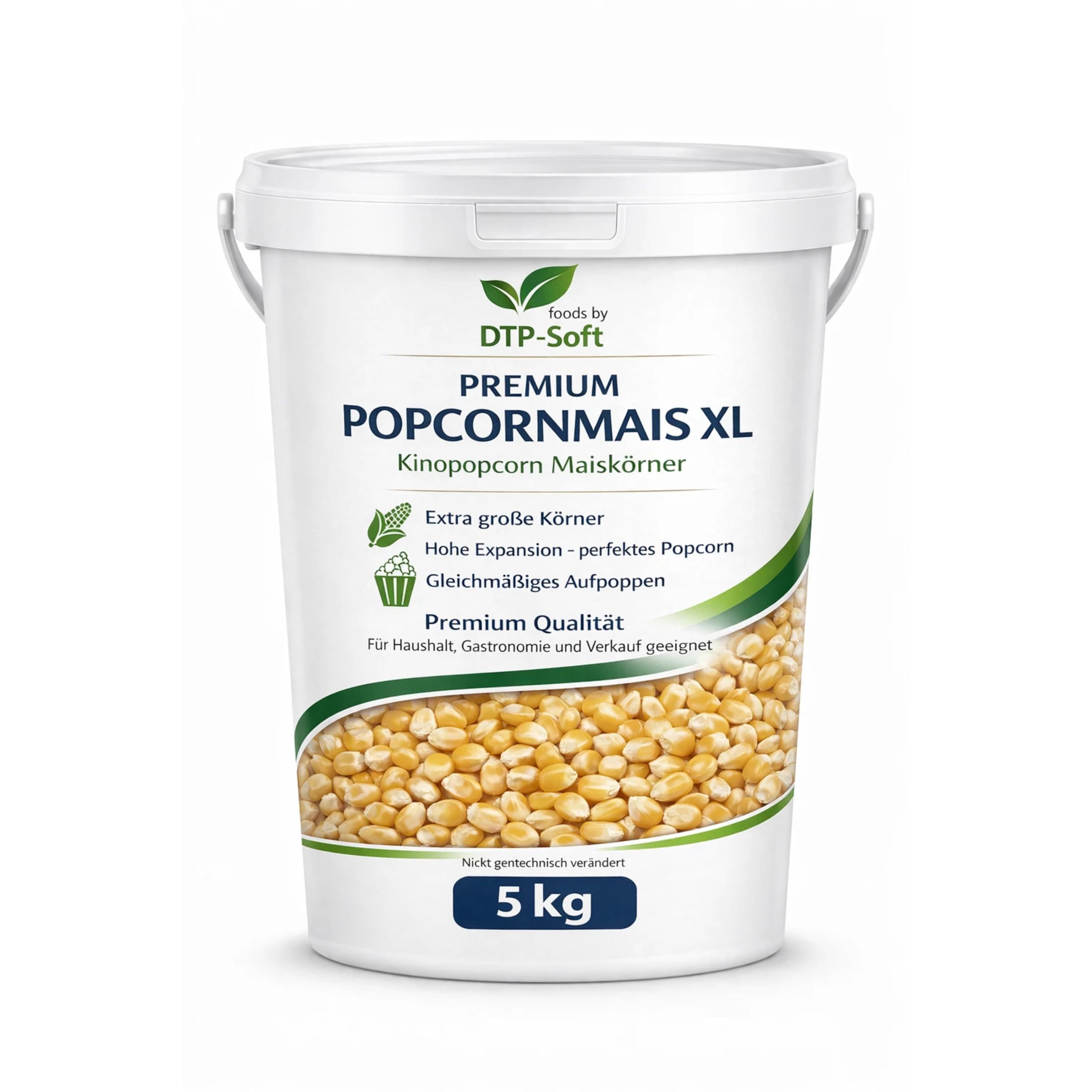 Popcorn Mais 5 kg - Popcornmais XL für Kinopopcorn - Maiskörner für Popcornmaschine und Pfanne, große fluffige Popcornkörner -Vorratspackung im Eimer für Zuhause, Partys und Gastronomie