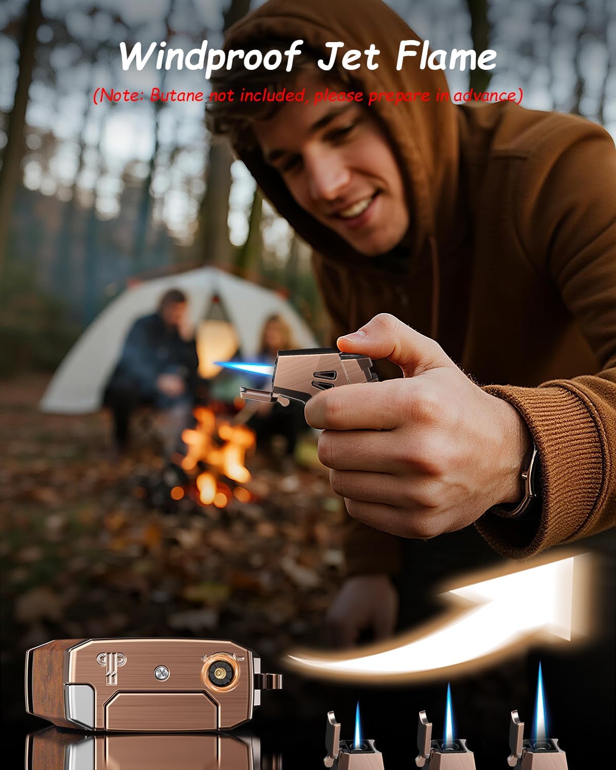 All-in-One Torch Lighter with Built-in Cutter, Holder, and Draw Enhancer Tool, Windproof Jet Flame, Refillable Butane Torch Lighters, Multifunctional Accessories Gift for Men, Lighters for Candle