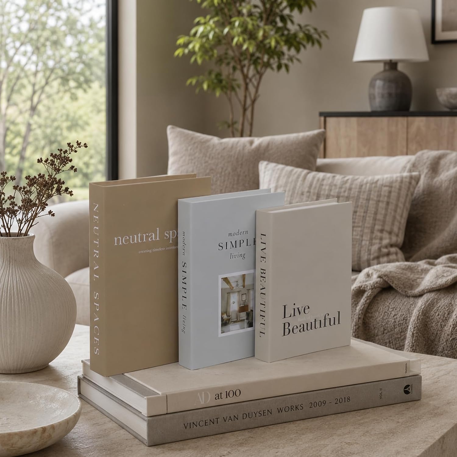 3 PCS Faux Decorative Books for Home Decor-Coffee Table Books Decor-Aesthetic Fake/Faux Books for Decoration,libros Decoration for Coffee Table, Shelf Accessories (Neutral spaccs Simple Live)