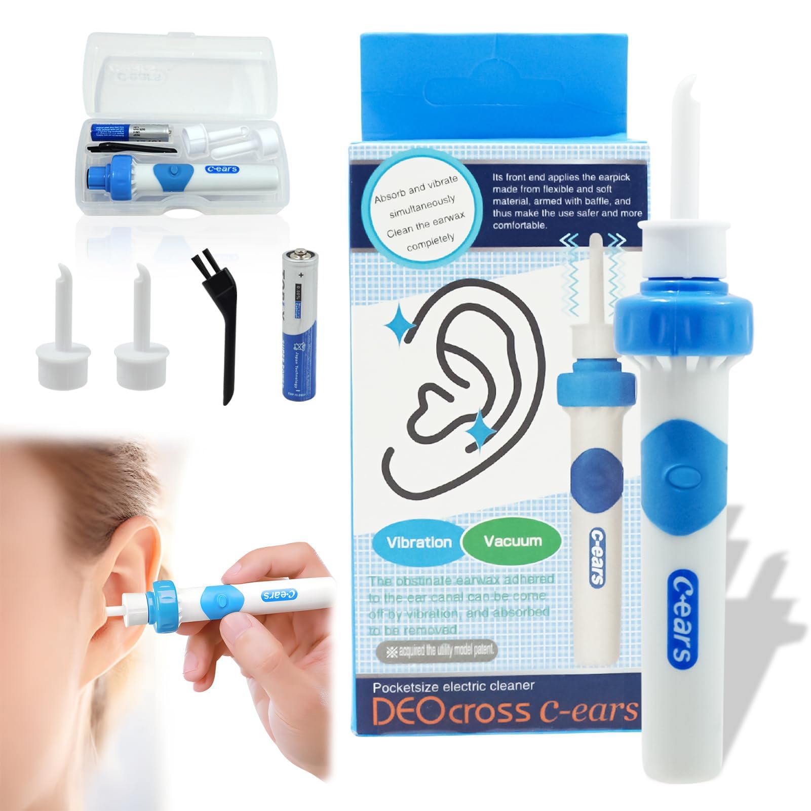 Aspiratore Cerume Orecchie Elettrico con 2 Testine Lavabili, Pulisci Orecchie a Vibrazione e Aspirazione, Pulizia Orecchie Sicura e Delicata per Adulti e Bambini, Aspira Cerume Professionale