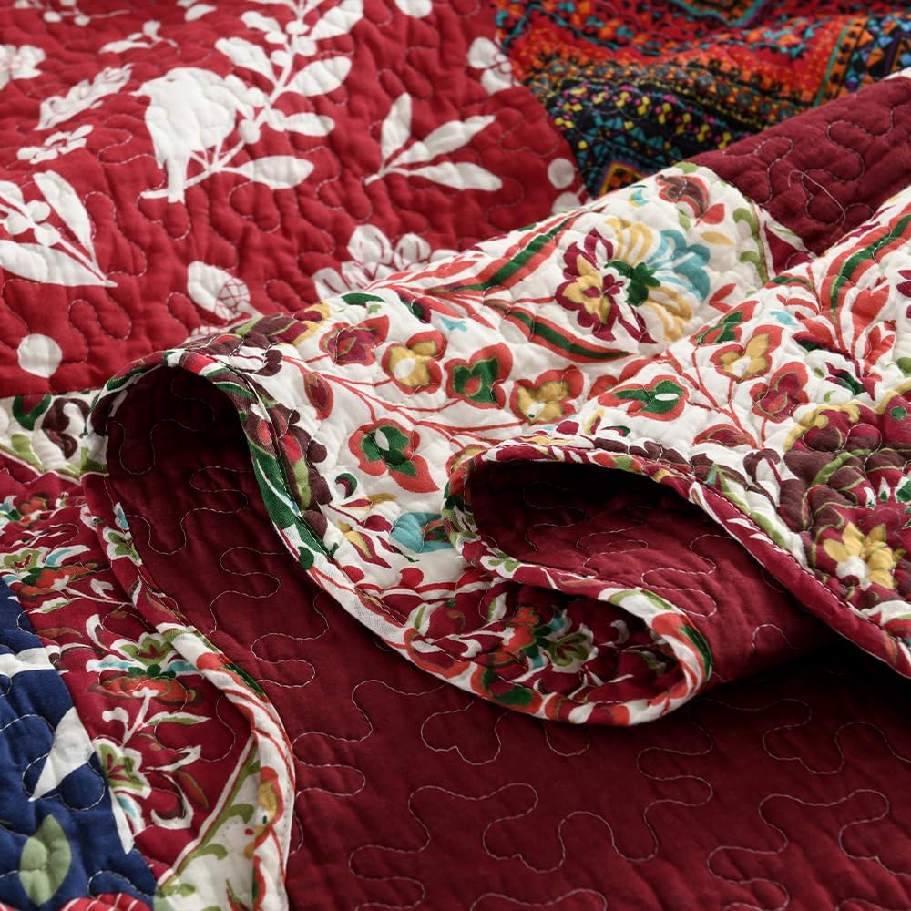 ENASAL Cotton Bedspread Quilt Sets Reversible Bedding Coverlet Sets Comforters Vintage Luxury Damask Floral Real Patchwork Burgundy Bedspread,King Size | Breathable material, Cotton soft durable, Reversible, Jacquard stitching, Machine waschable - Image 8