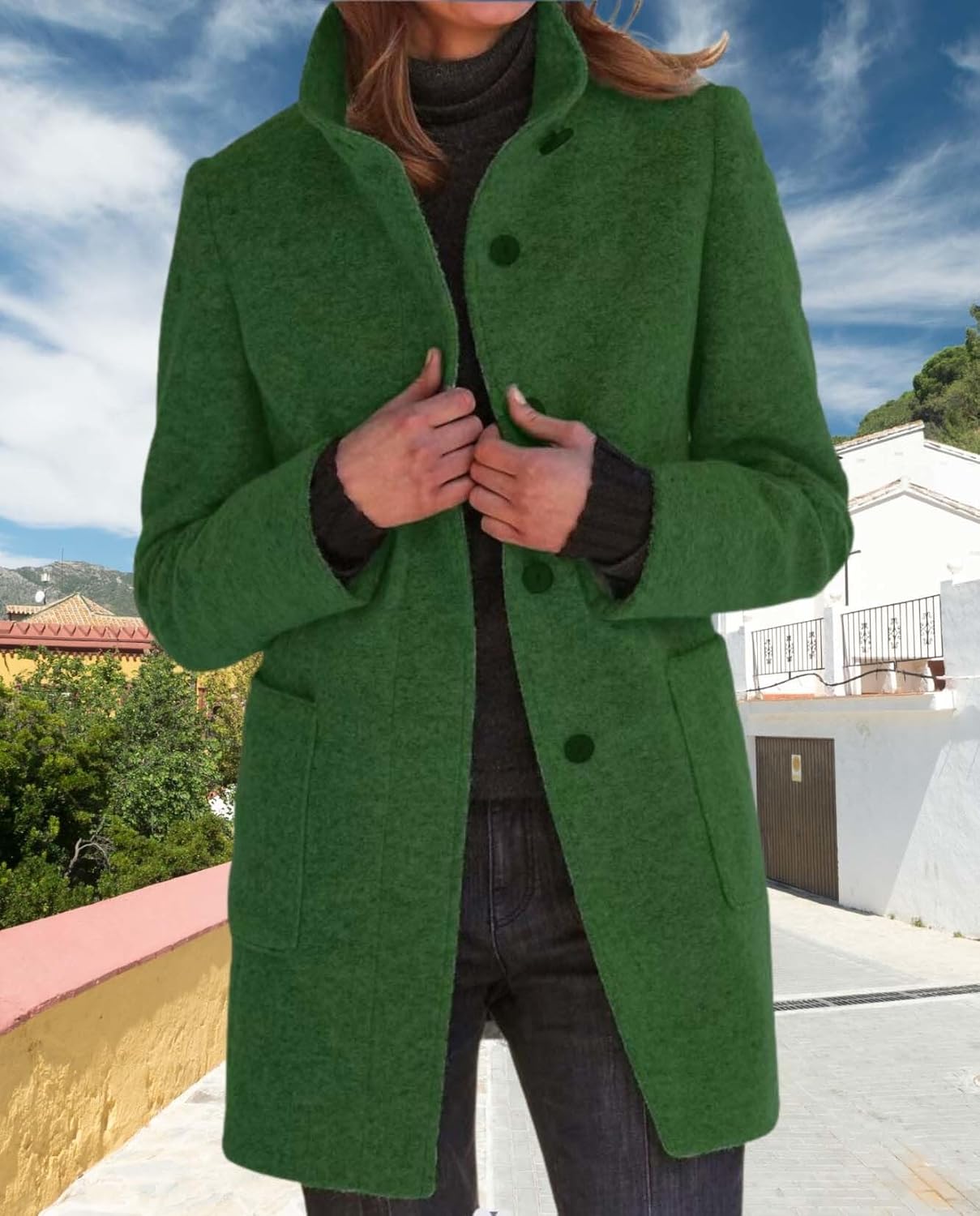 Womens Winter Long Vintage Solid Color Coat Wool Blend Standing Collar Button Thickened Jacket - Image 5