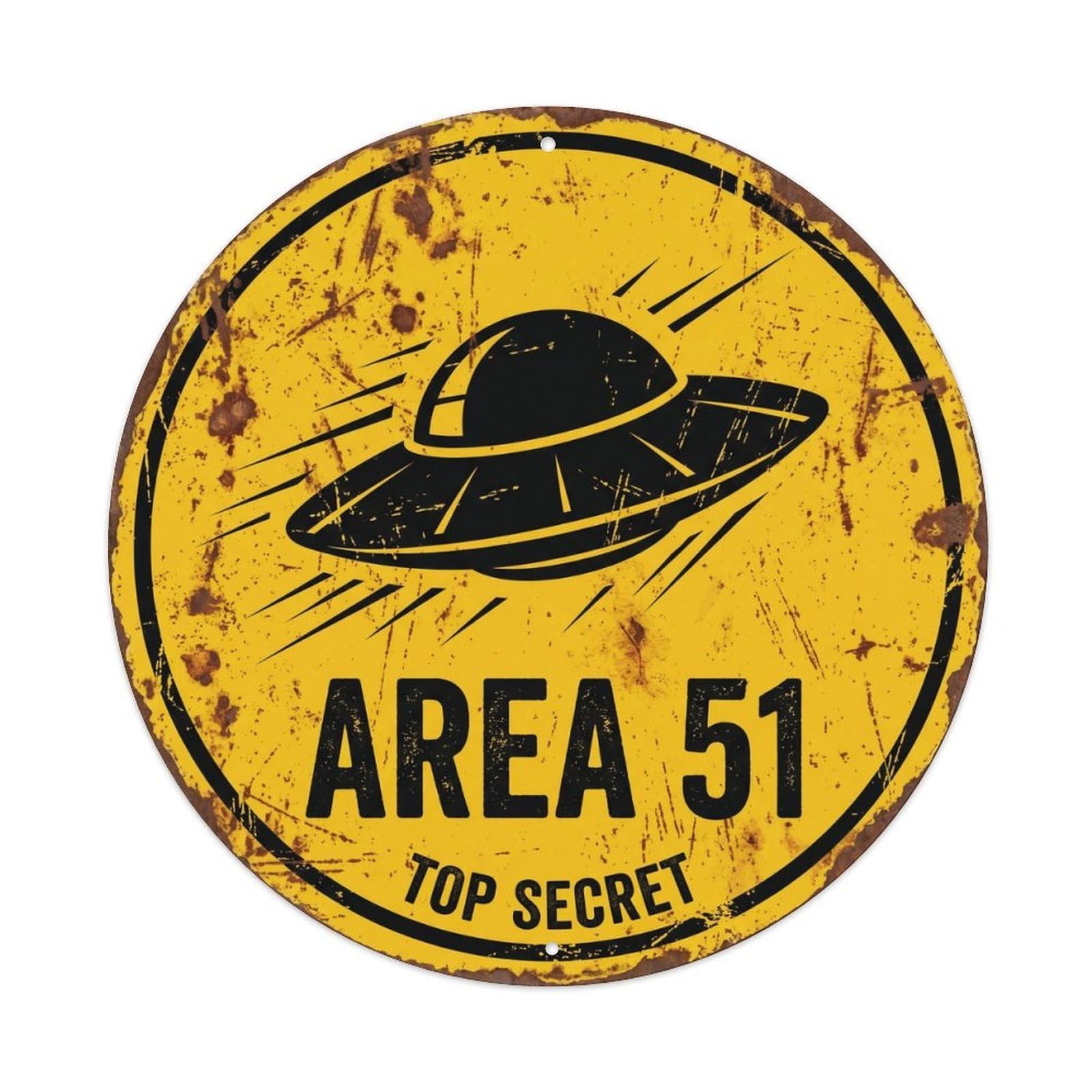 Vintage Alien Area 51 Flying Saucer Metal Tin Sign Plaque Wall Decor for Cafe, Club, Garden Round Metal Poster 8x8Inch