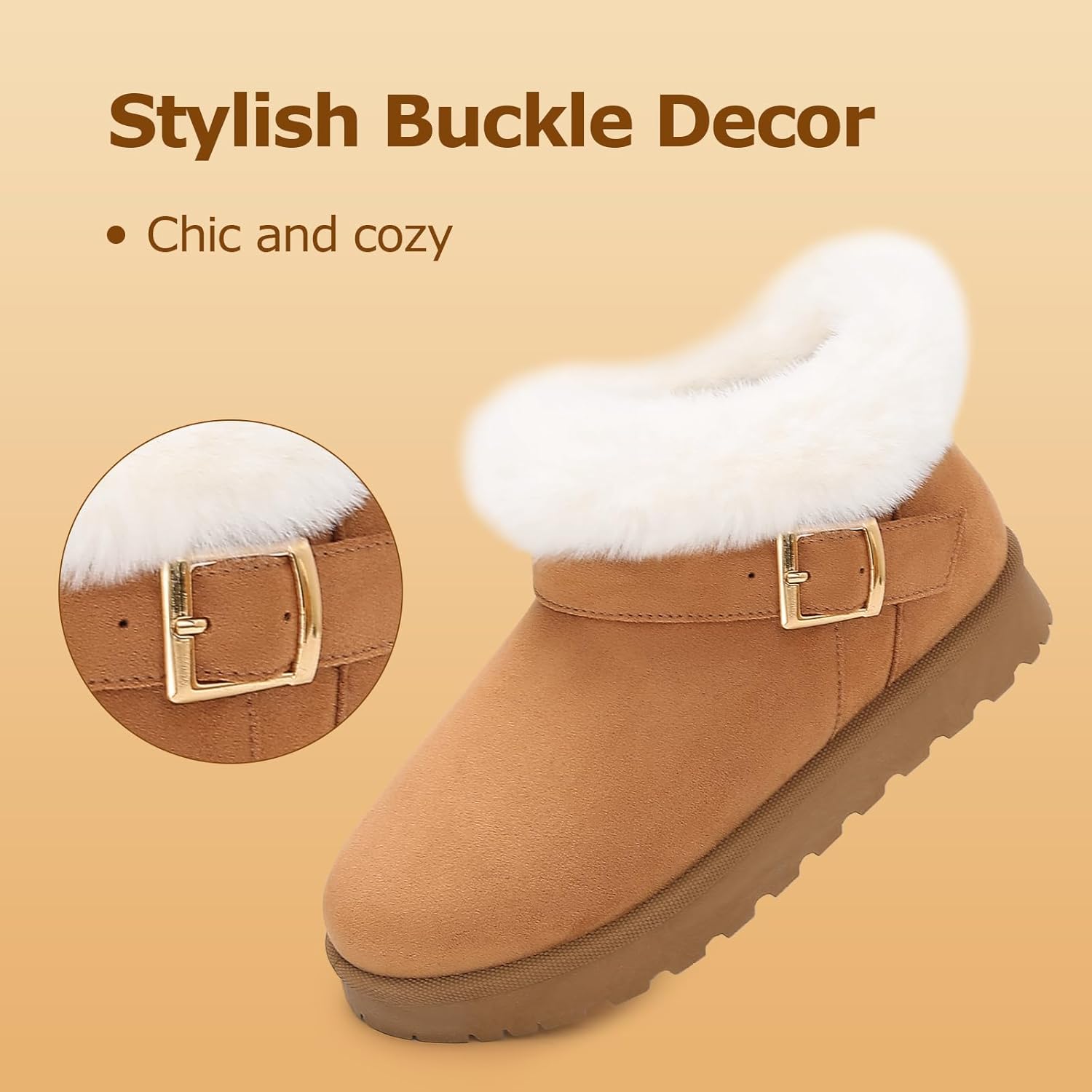 Winter Mini Boots for Women: Faux Fur Lining Ankle Snow Booties With Fluffy Trim and Buckle Decor Warm Slip On Comfort Shoes - Image 5