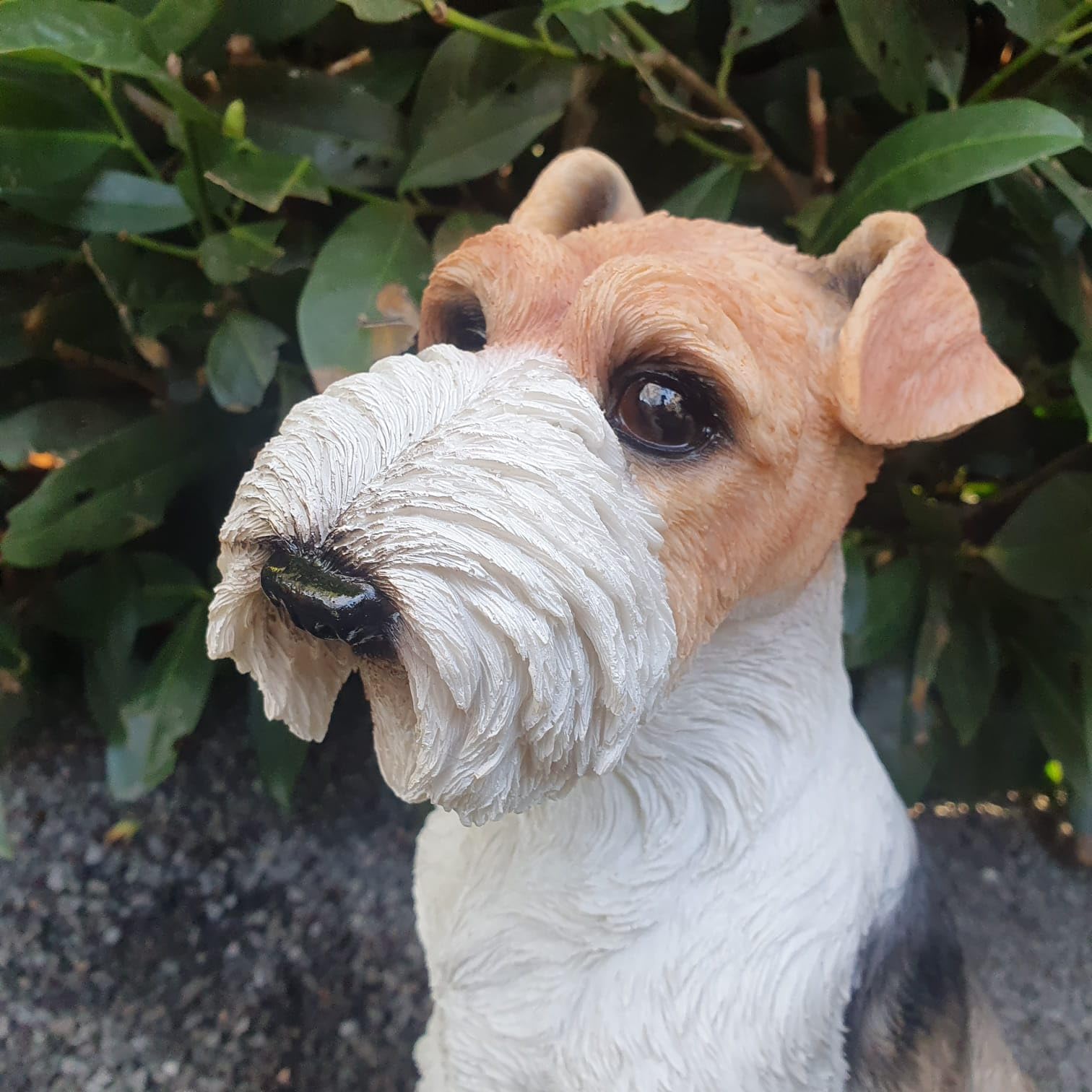 Statua da giardino per cani Foxterrier seduto 34 cm – Personaggio cane ricco di dettagli in resina – per esterni