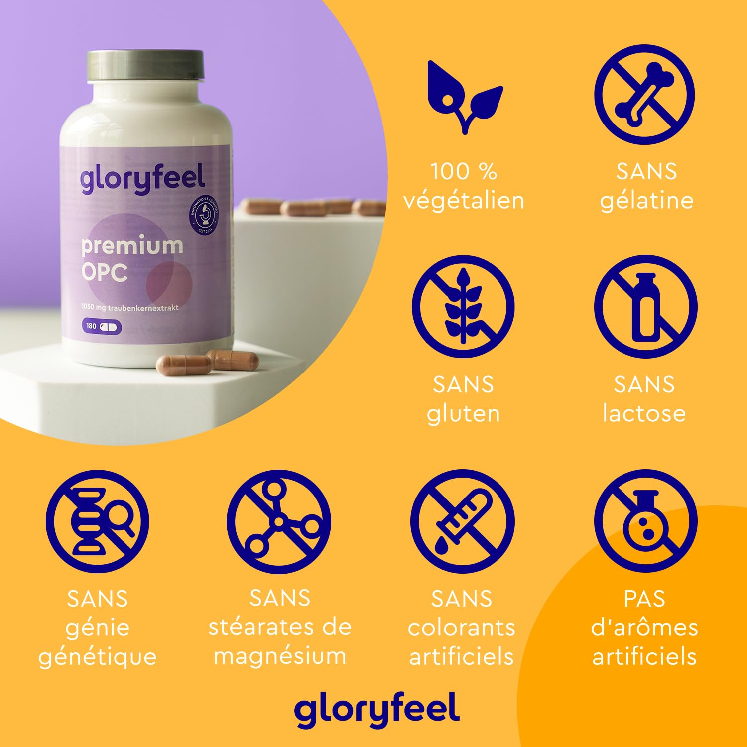 OPC Extrait de Pépin de Raisin Français 1050mg, Teneur HPLC Très Élevée, 630 mg d'OPC Pur Par Jour, 180 Capsules, 100% Naturel, Végétalien, Qualité Premium, Testé en Laboratoire