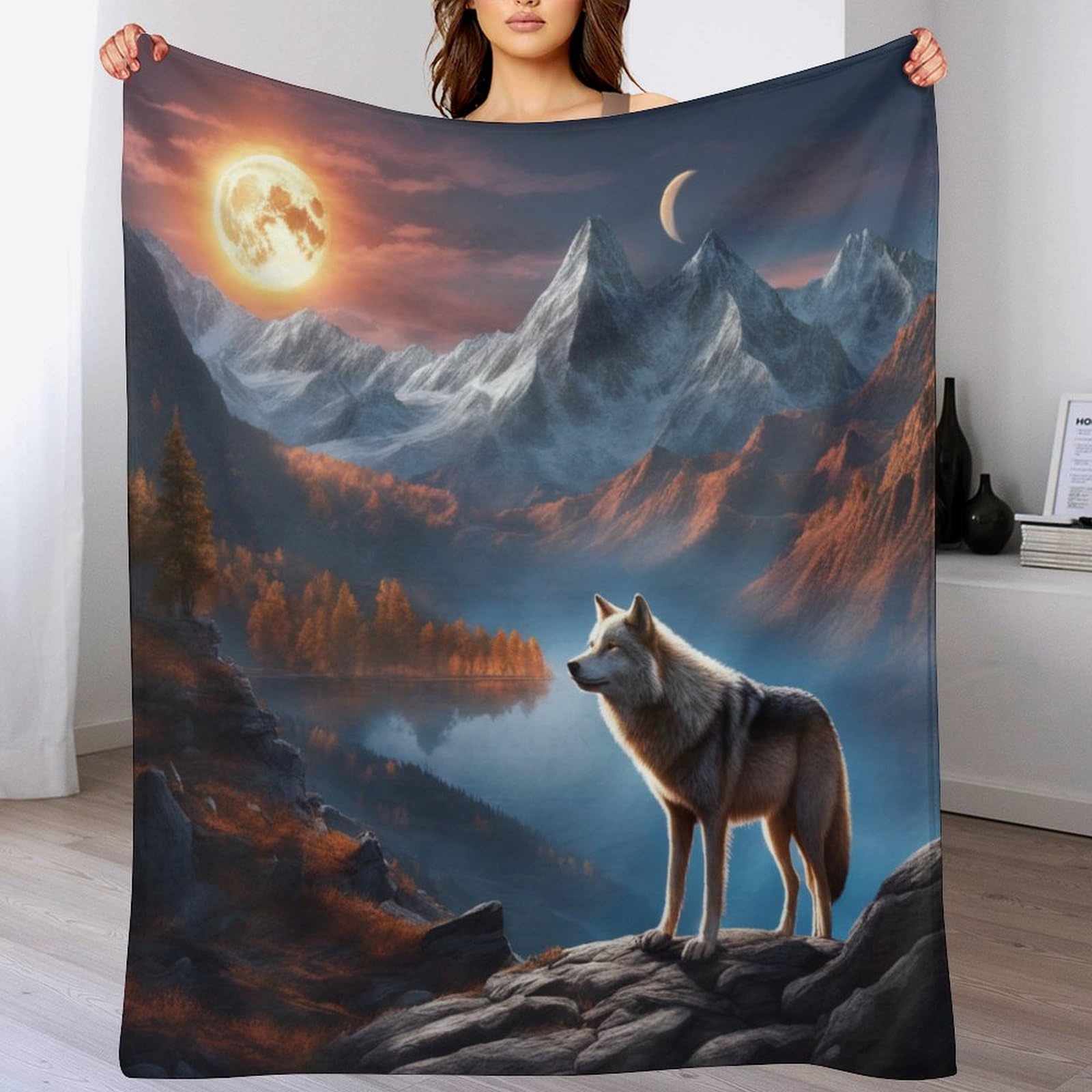 Manta de franela con lobo para combatir el frío en la cama con tejido polar suave