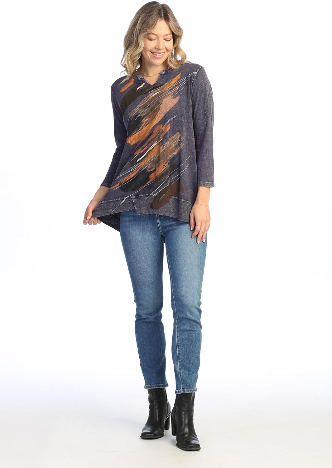 Jess & Jane Opera Mineral Washed Cotton Split Neck Tunic Top - Image 2
