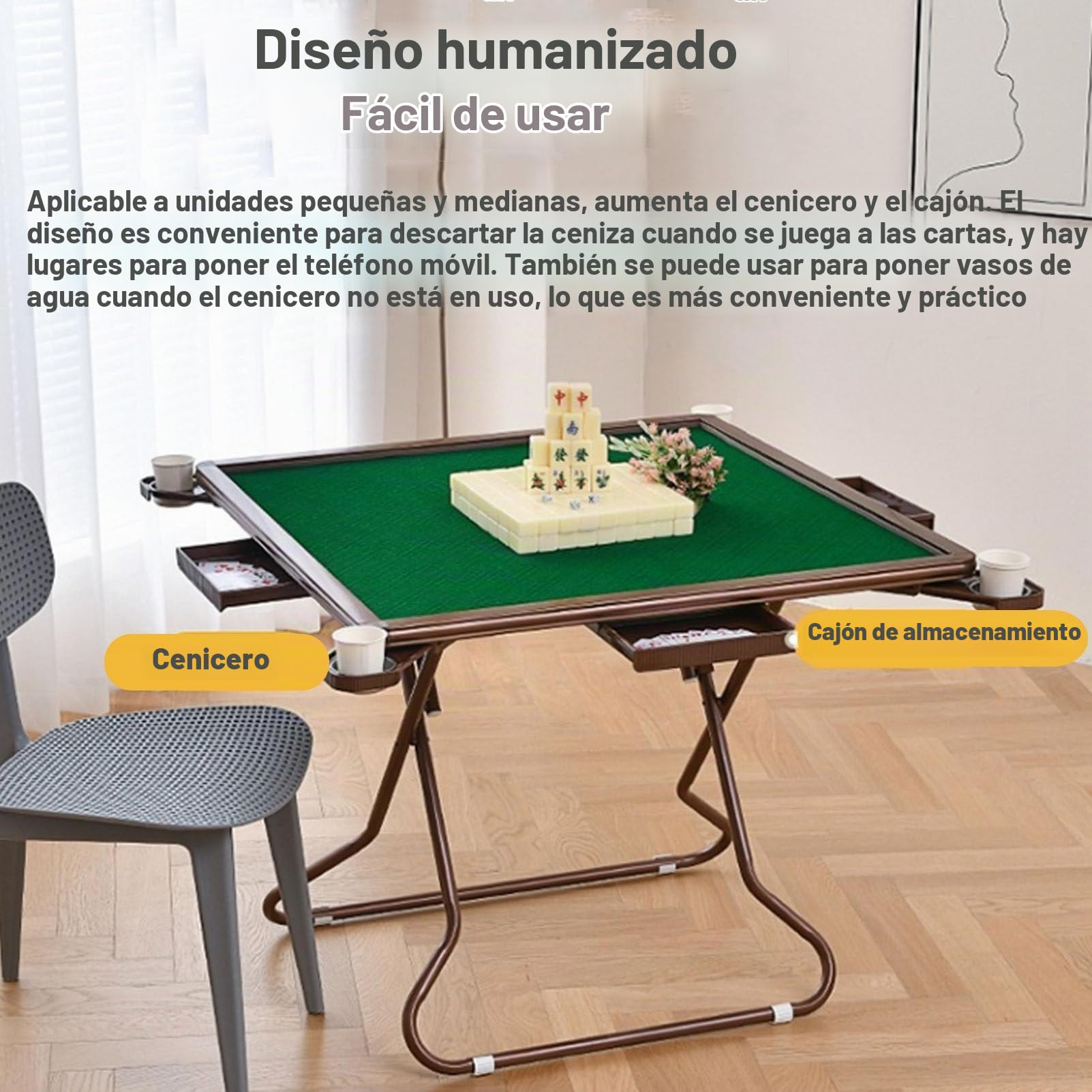 Mesa Plegable de Mahjong - Multifunción Cuadrada Con Portavasos y Bandejas para Fichas - Juego de Mesa Portátil para Dominó, Póquer y Blackjack