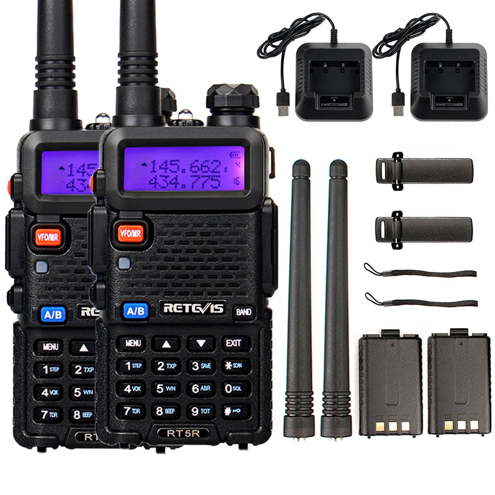 Retevis RT5R Talkie Walkie Longue Portée, Double Bande, Talkie Walkie Chasse, 128 Canaux, Type-C, Lampe de Poche, Chasse, Portable, Secours d'urgence (Noir, 2Pièces)