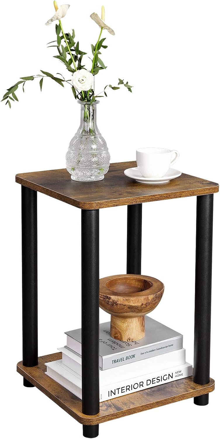 VASAGLE End Table, 2-Tier Side Table, Nightstand with Storage Shelf, Stable, for Living Room, Bedroom, Office, 13.4 x 13.4 x 19.7 Inches, Rustic Brown and Black ULET180X01