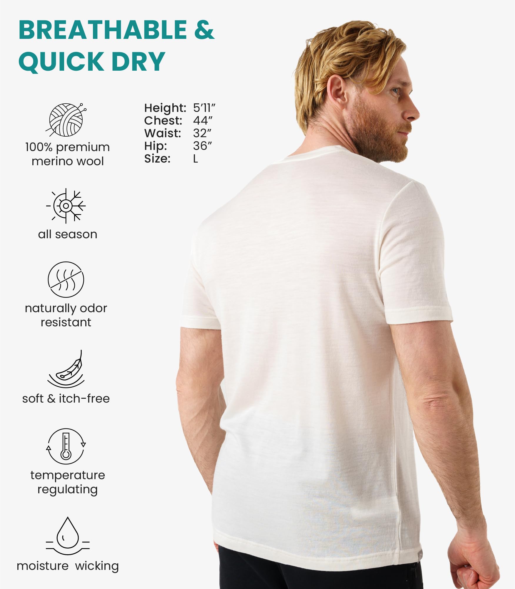 Merino.tech T Shirt Merinos Homme - 100% sous Vetement Merinos Homme Lightweight Tshirt Laine Merinos (Small, Creamy)