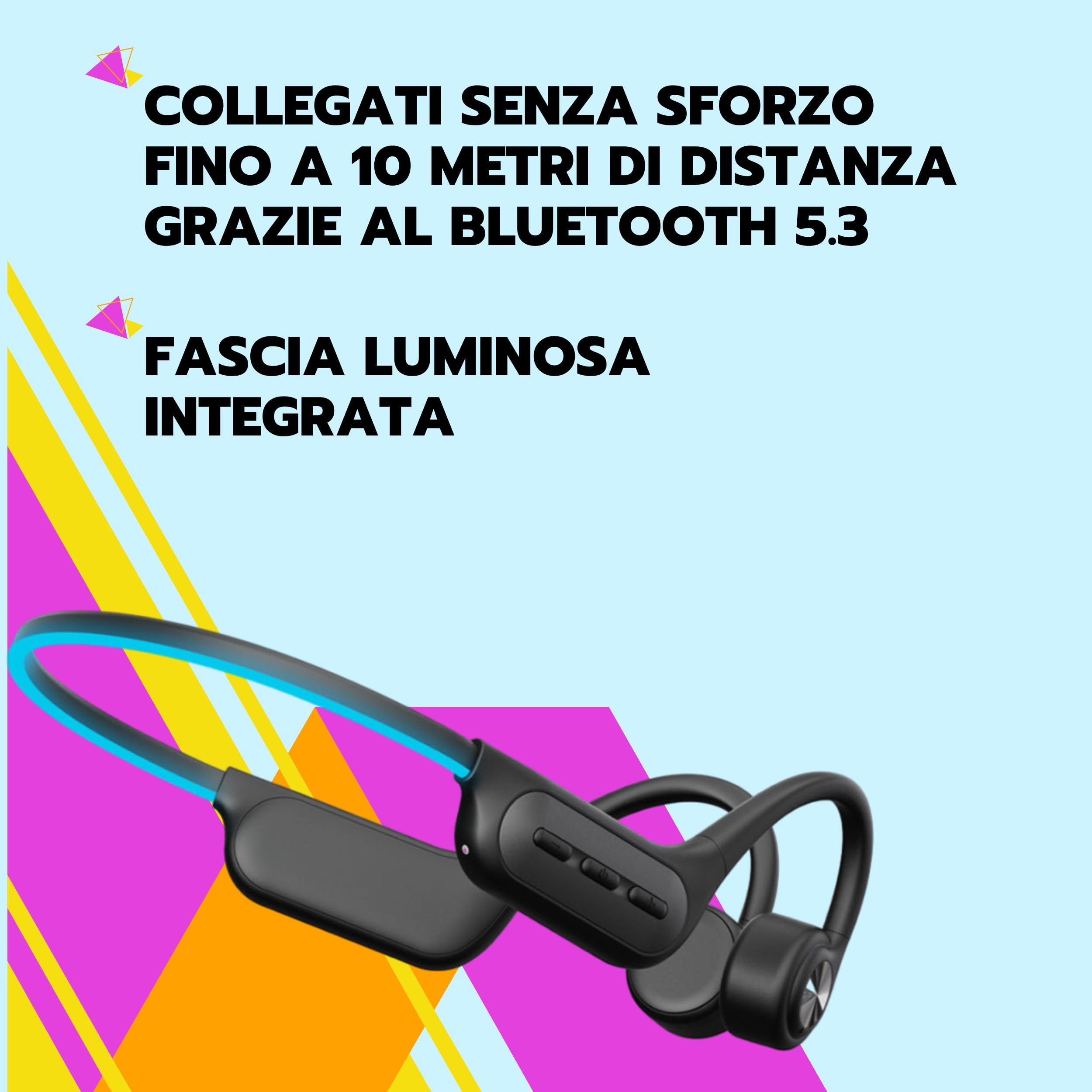 SAIET - Cuffie Conduzione Ossea Bluetooth - Auricolari Running e Piscina Waterproof - 6h di Ascolto Musica - Impermeabili con Fascia Luminosa - Nero