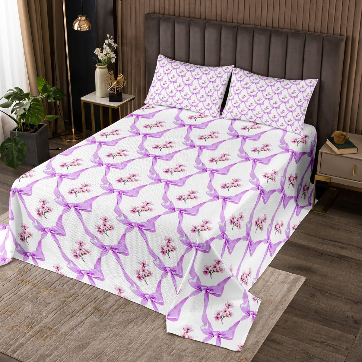 Erosebridal Purple Bow Tie Bedspread Set Kawaii Bowknot Quilt Set Queen,Dreamy Princess Style Ribbon Bow Knot Coverlet Set Rustic Flowers Quilted,Boho Floral Cute Dorm Decor