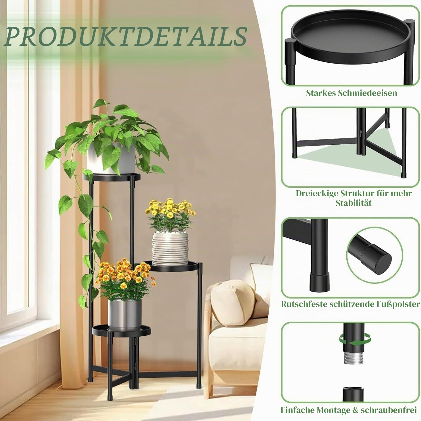 Blumenständer Metall mit 3 Ebenen, Pflanzenständer Metall mit 10 Zoll breiter Tablett, Platzsparender Blumenhocker für Zimmerecke, Wohnzimmer, Balkon, Terrasse, Hof (Schwarz)