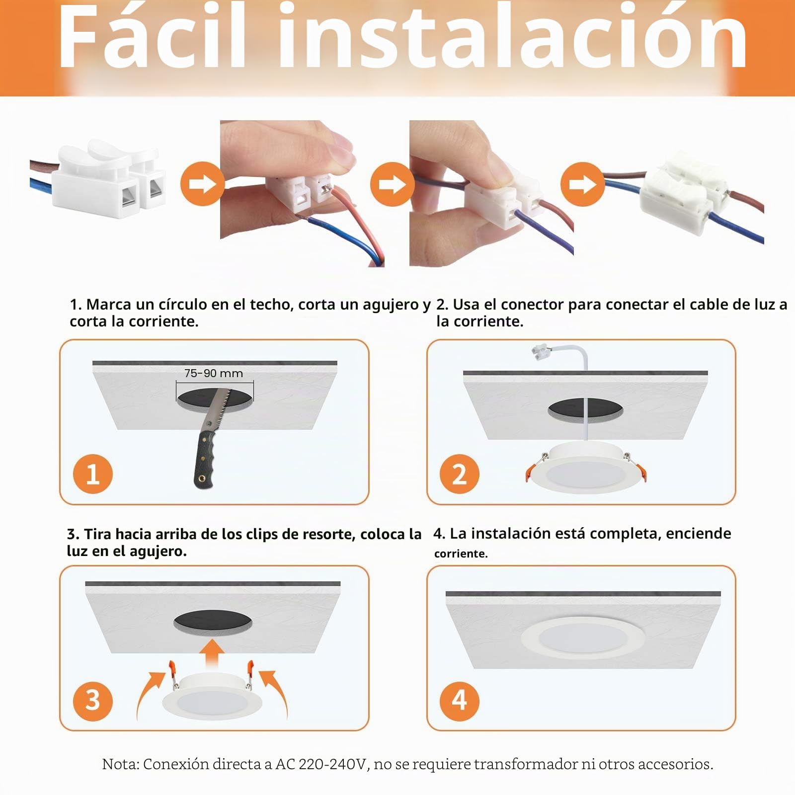 Tomosu Pack 10 Downlight LED Techo Empotrable Extraplano Redondo, 5W 450LM, Blanco Natural(4000K), IP44 Corte 75-90mm, AC 220-240V, Foco Empotrable LED Techo Ojo de Buey