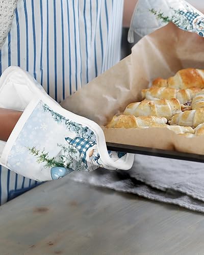 Miniatura 6 de Juego de 2 agarraderas azules de Navidad para cocina, antideslizantes y aislantes de calor, juego de agarraderas de tela de toalla con bolsillo,