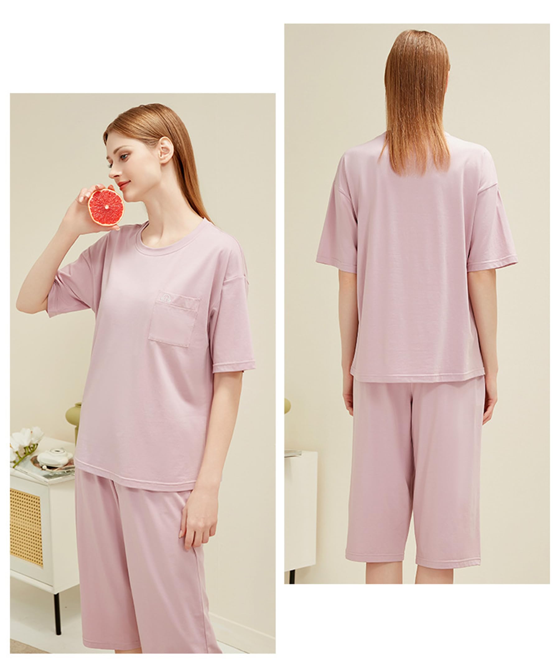 Generic Damska 2-częściowa piżama letnia modalna bawełniana piżama okrągły dekolt z gorsetem z krótkim rękawem,Lotus root pink,L